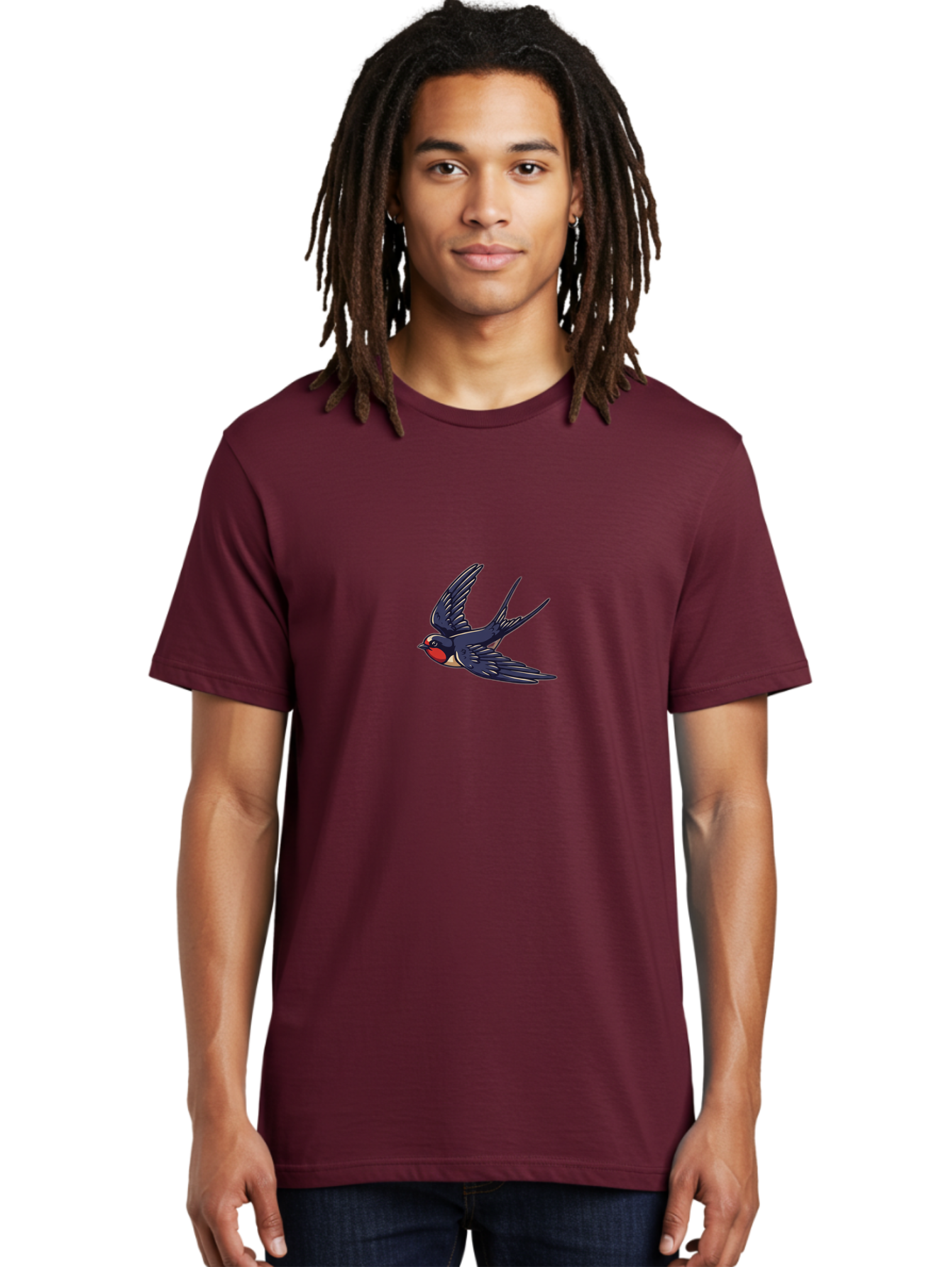 Swallow-1 Men'S Graphic Tee, 100% Cotton, Comfortable Casual Summer Wear, Machine Washable, Swallow Bird In Flight, Dark Blue Wings, Red Face, White Belly, Bird Illustration, Cartoon Style, Wildlife Art, Flying Bird, Stylized Portrait Bae289 24