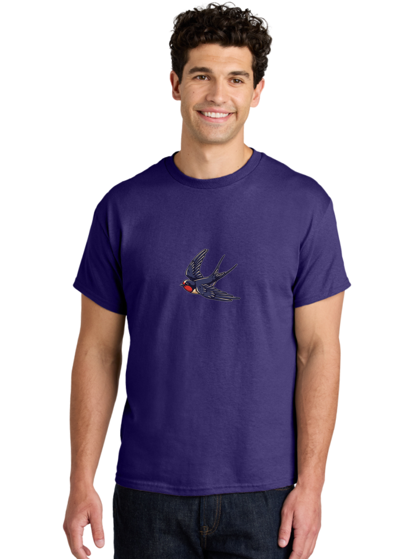 Swallow-1 Men'S Graphic Tee, 100% Cotton, Comfortable Casual Summer Wear, Machine Washable, Swallow Bird In Flight, Dark Blue Wings, Red Face, White Belly, Bird Illustration, Cartoon Style, Wildlife Art, Flying Bird, Stylized Portrait Bae289 25