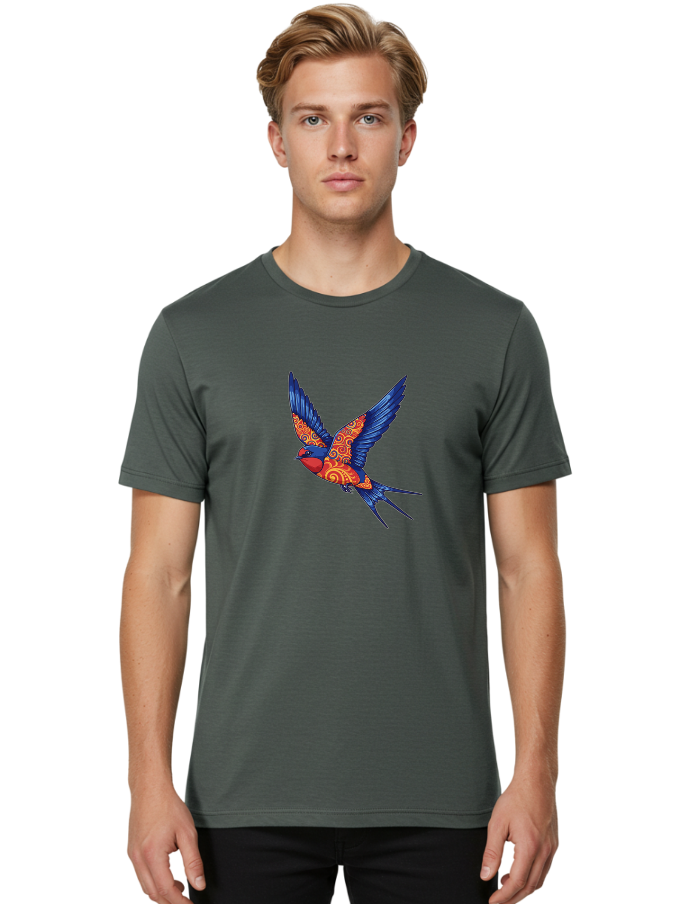 Swallow-2 Men'S Graphic Tee, 100% Cotton, Comfortable Casual Summer Wear, Machine Washable, Swallow Bird, Vibrant Bird Design, Red And Blue Bird, Ornate Patterns, Swirling Motifs, Bird In Flight, Colorful Artwork, Folk Art Style, Bae290 23