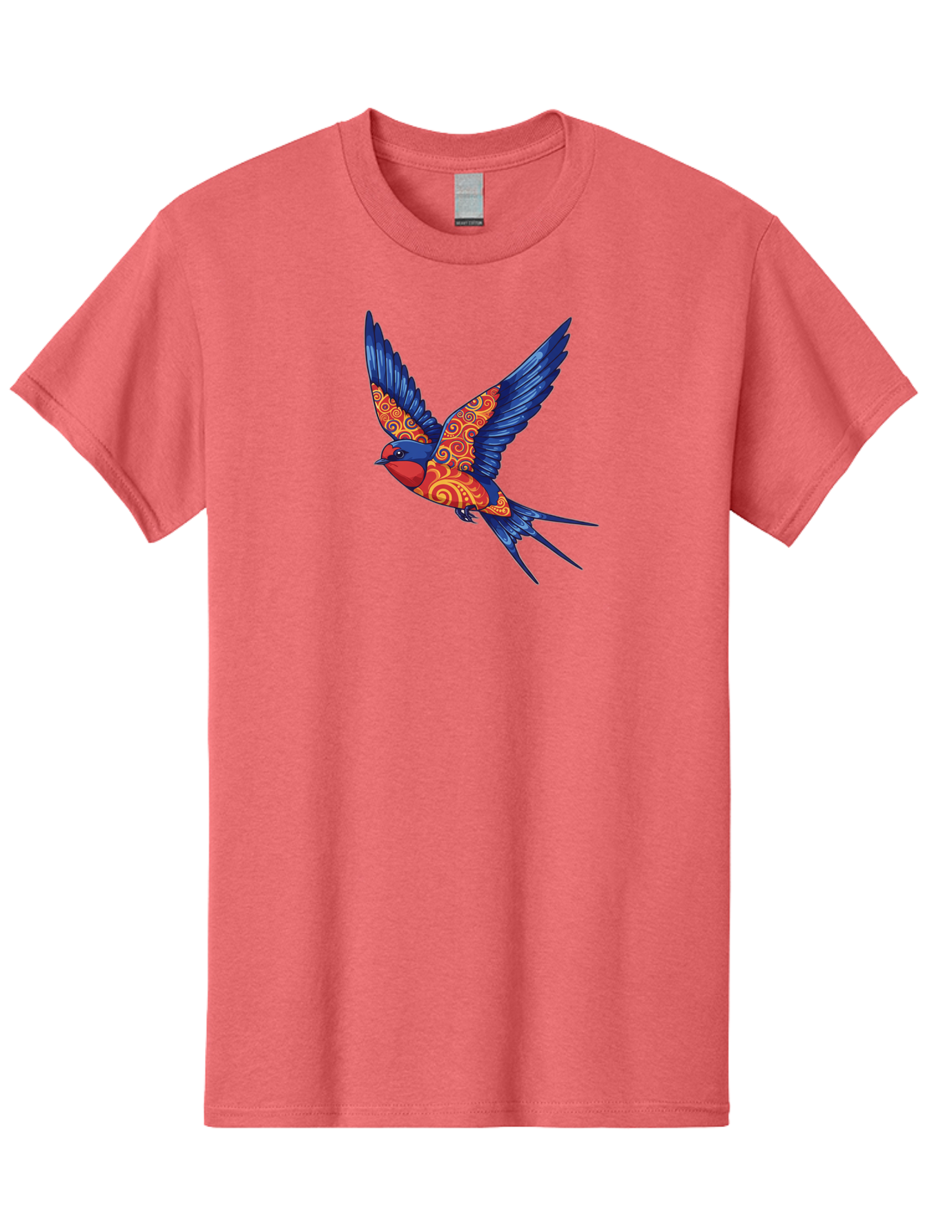 Swallow-2 Men'S Graphic Tee, 100% Cotton, Comfortable Casual Summer Wear, Machine Washable, Swallow Bird, Vibrant Bird Design, Red And Blue Bird, Ornate Patterns, Swirling Motifs, Bird In Flight, Colorful Artwork, Folk Art Style, Bae290 12