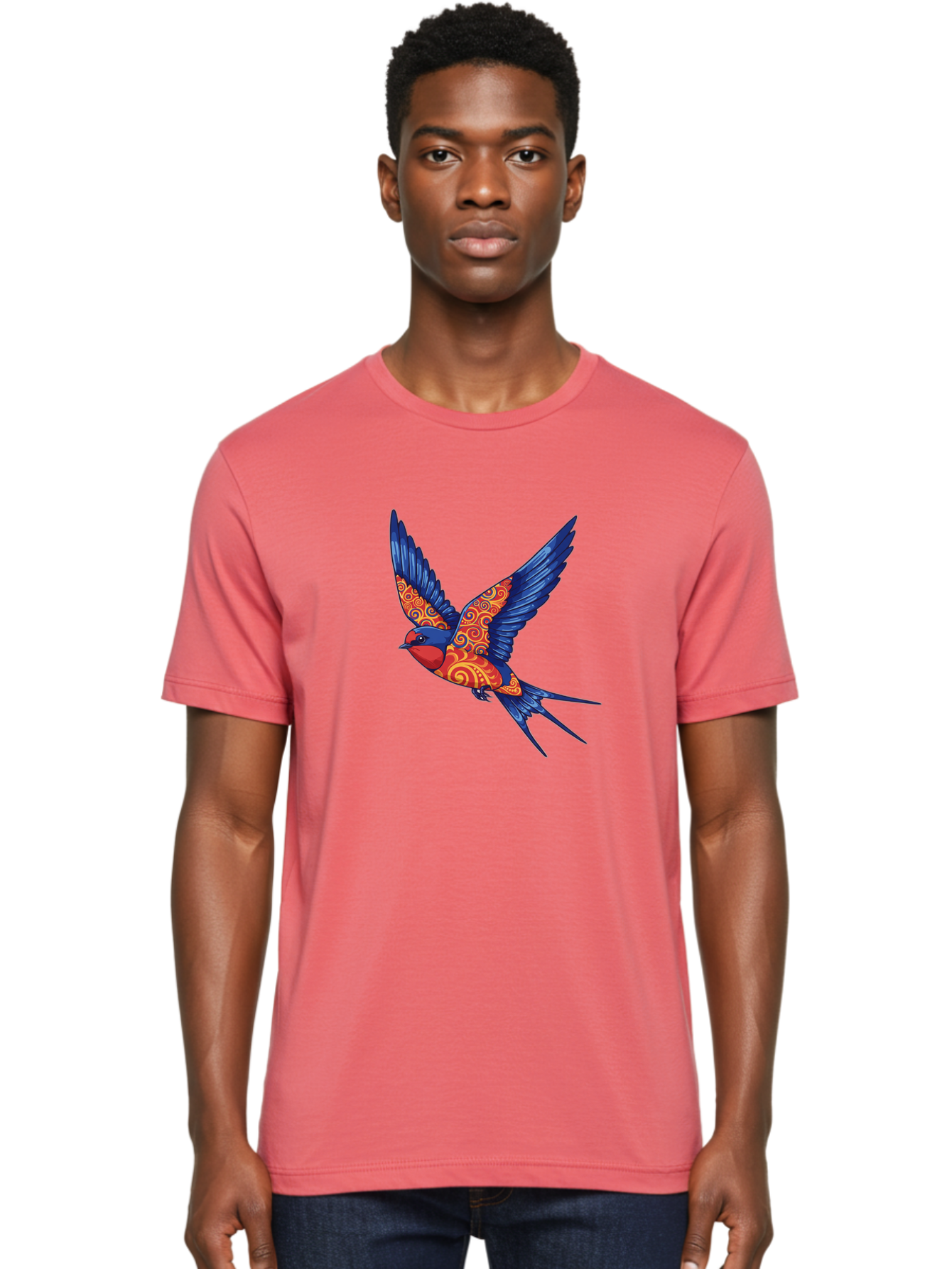 Swallow-2 Men'S Graphic Tee, 100% Cotton, Comfortable Casual Summer Wear, Machine Washable, Swallow Bird, Vibrant Bird Design, Red And Blue Bird, Ornate Patterns, Swirling Motifs, Bird In Flight, Colorful Artwork, Folk Art Style, Bae290 27