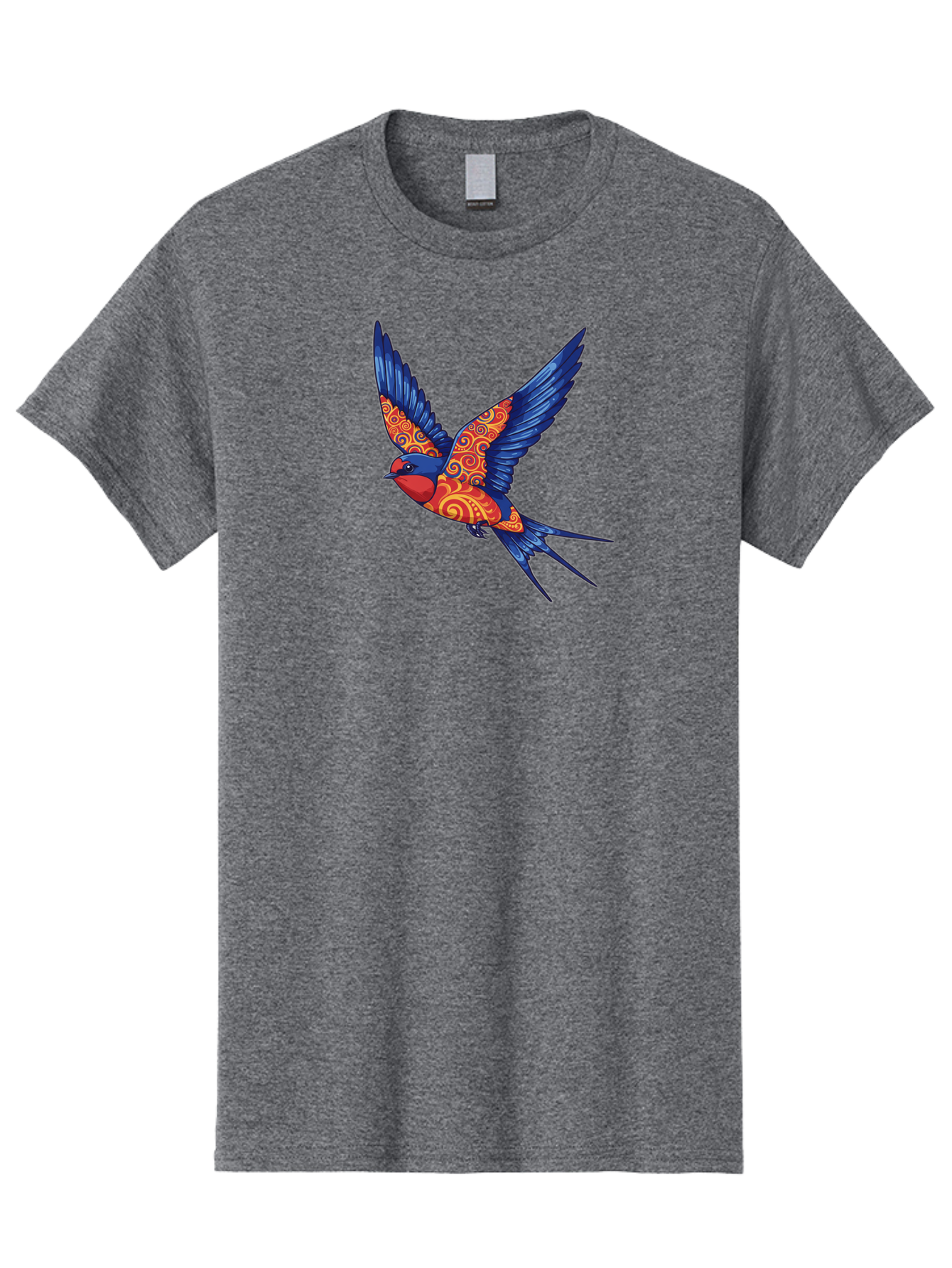 Swallow-2 Men'S Graphic Tee, 100% Cotton, Comfortable Casual Summer Wear, Machine Washable, Swallow Bird, Vibrant Bird Design, Red And Blue Bird, Ornate Patterns, Swirling Motifs, Bird In Flight, Colorful Artwork, Folk Art Style, Bae290 10