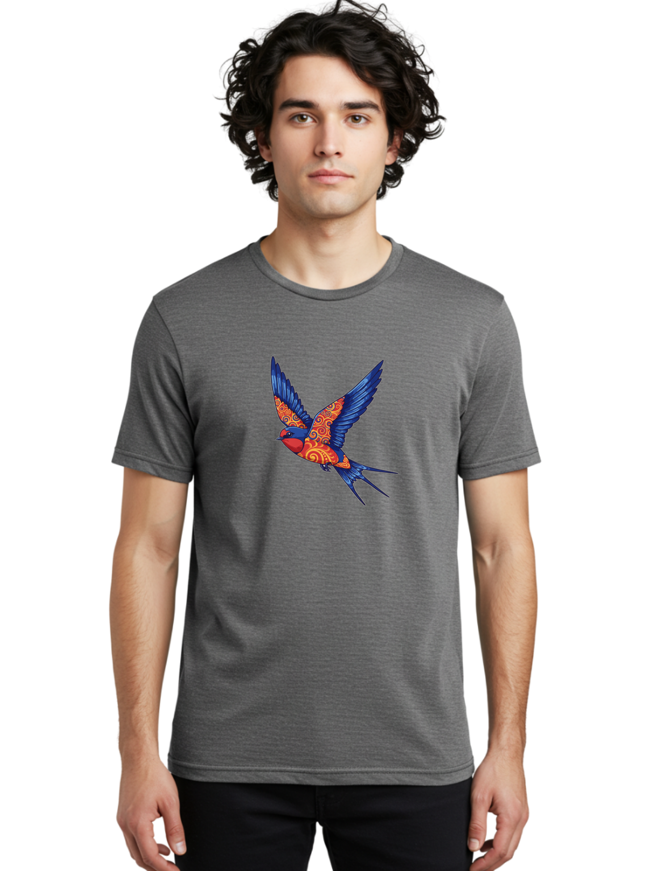 Swallow-2 Men'S Graphic Tee, 100% Cotton, Comfortable Casual Summer Wear, Machine Washable, Swallow Bird, Vibrant Bird Design, Red And Blue Bird, Ornate Patterns, Swirling Motifs, Bird In Flight, Colorful Artwork, Folk Art Style, Bae290 25