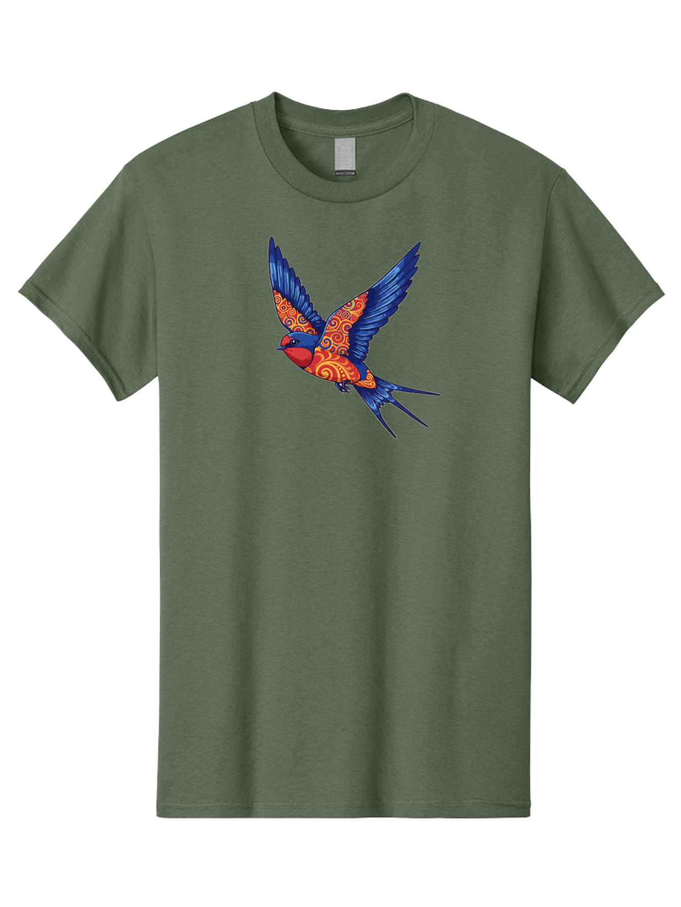 Swallow-2 Men'S Graphic Tee, 100% Cotton, Comfortable Casual Summer Wear, Machine Washable, Swallow Bird, Vibrant Bird Design, Red And Blue Bird, Ornate Patterns, Swirling Motifs, Bird In Flight, Colorful Artwork, Folk Art Style, Bae290 13