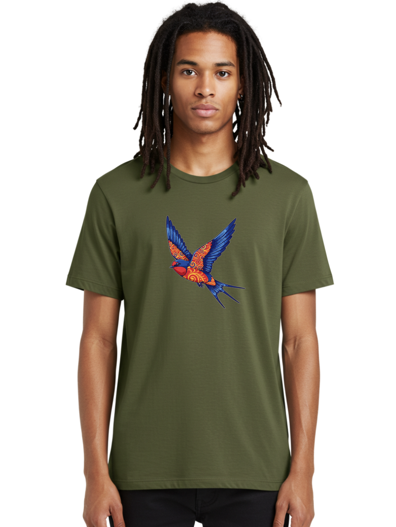 Swallow-2 Men'S Graphic Tee, 100% Cotton, Comfortable Casual Summer Wear, Machine Washable, Swallow Bird, Vibrant Bird Design, Red And Blue Bird, Ornate Patterns, Swirling Motifs, Bird In Flight, Colorful Artwork, Folk Art Style, Bae290 28