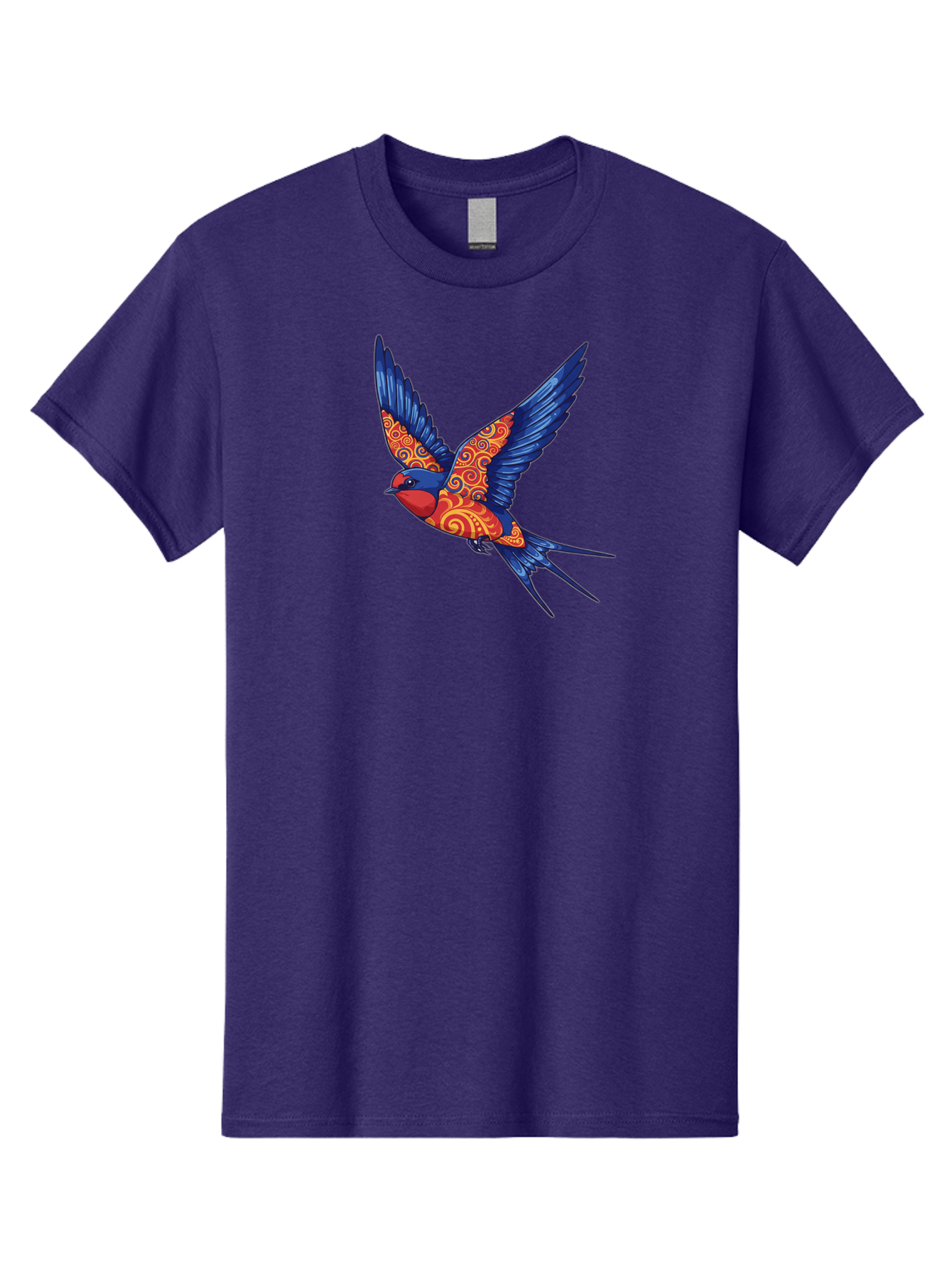 Swallow-2 Men'S Graphic Tee, 100% Cotton, Comfortable Casual Summer Wear, Machine Washable, Swallow Bird, Vibrant Bird Design, Red And Blue Bird, Ornate Patterns, Swirling Motifs, Bird In Flight, Colorful Artwork, Folk Art Style, Bae290 6