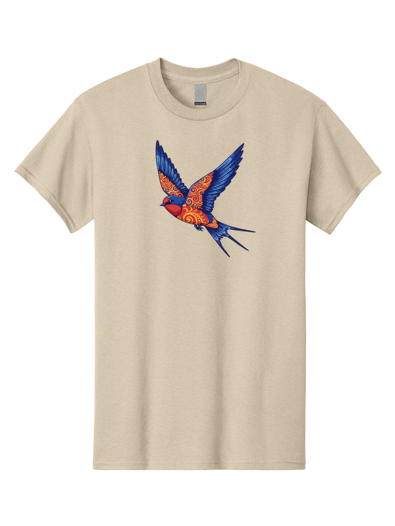 Swallow-2 Men'S Graphic Tee, 100% Cotton, Comfortable Casual Summer Wear, Machine Washable, Swallow Bird, Vibrant Bird Design, Red And Blue Bird, Ornate Patterns, Swirling Motifs, Bird In Flight, Colorful Artwork, Folk Art Style, Bae290 4