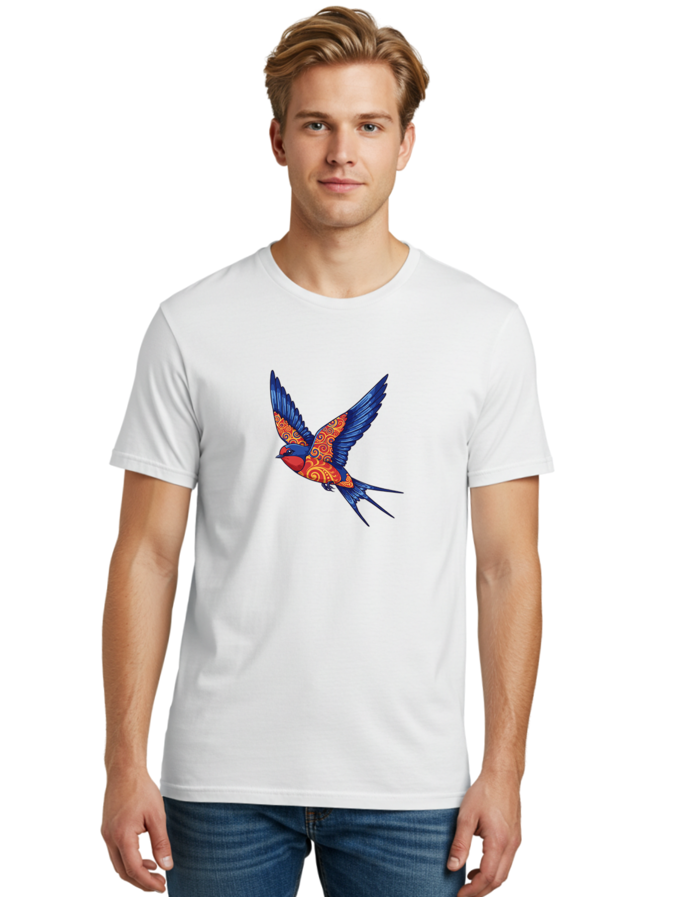 Swallow-2 Men'S Graphic Tee, 100% Cotton, Comfortable Casual Summer Wear, Machine Washable, Swallow Bird, Vibrant Bird Design, Red And Blue Bird, Ornate Patterns, Swirling Motifs, Bird In Flight, Colorful Artwork, Folk Art Style, Bae290 17