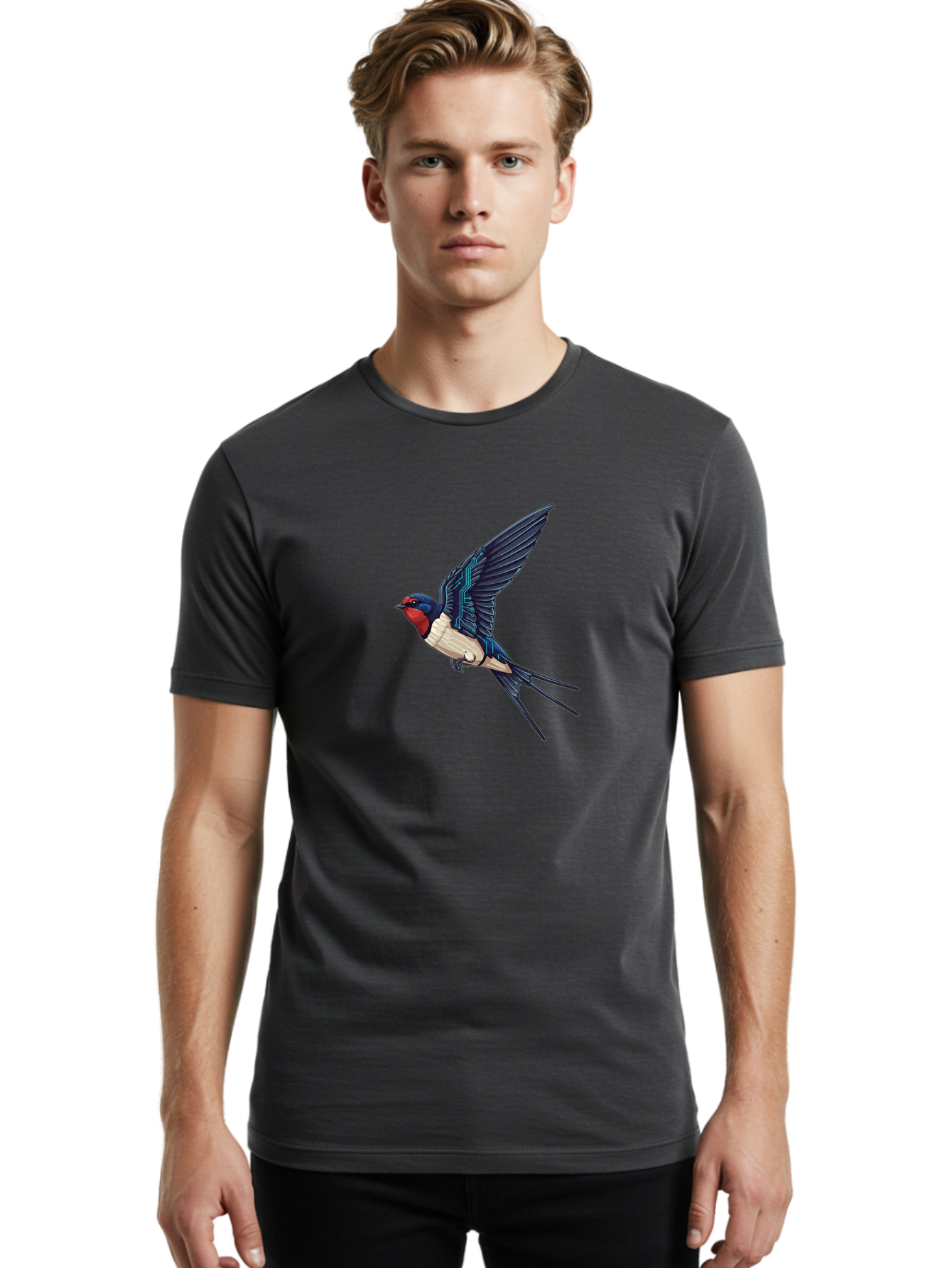 Swallow-3 Men'S Graphic Tee, 100% Cotton, Comfortable Casual Summer Wear, Machine Washable, Barn Swallow In Flight, Blue And White Plumage, Red Face, Sleek Design, Futuristic Elements, Circuit Board Wings, Wildlife Art, Stylized Bird, Bae291 16