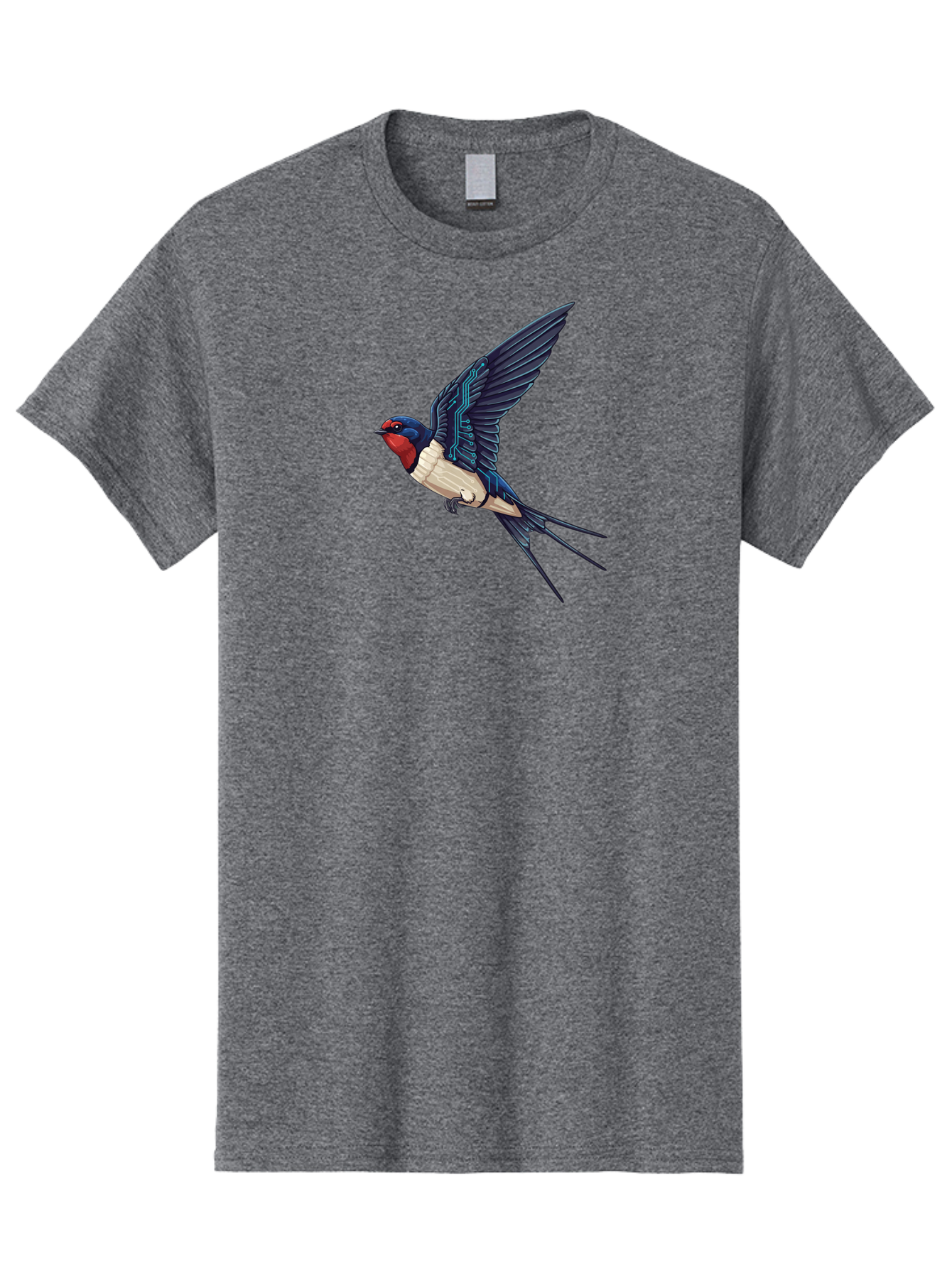 Swallow-3 Men'S Graphic Tee, 100% Cotton, Comfortable Casual Summer Wear, Machine Washable, Barn Swallow In Flight, Blue And White Plumage, Red Face, Sleek Design, Futuristic Elements, Circuit Board Wings, Wildlife Art, Stylized Bird, Bae291 5