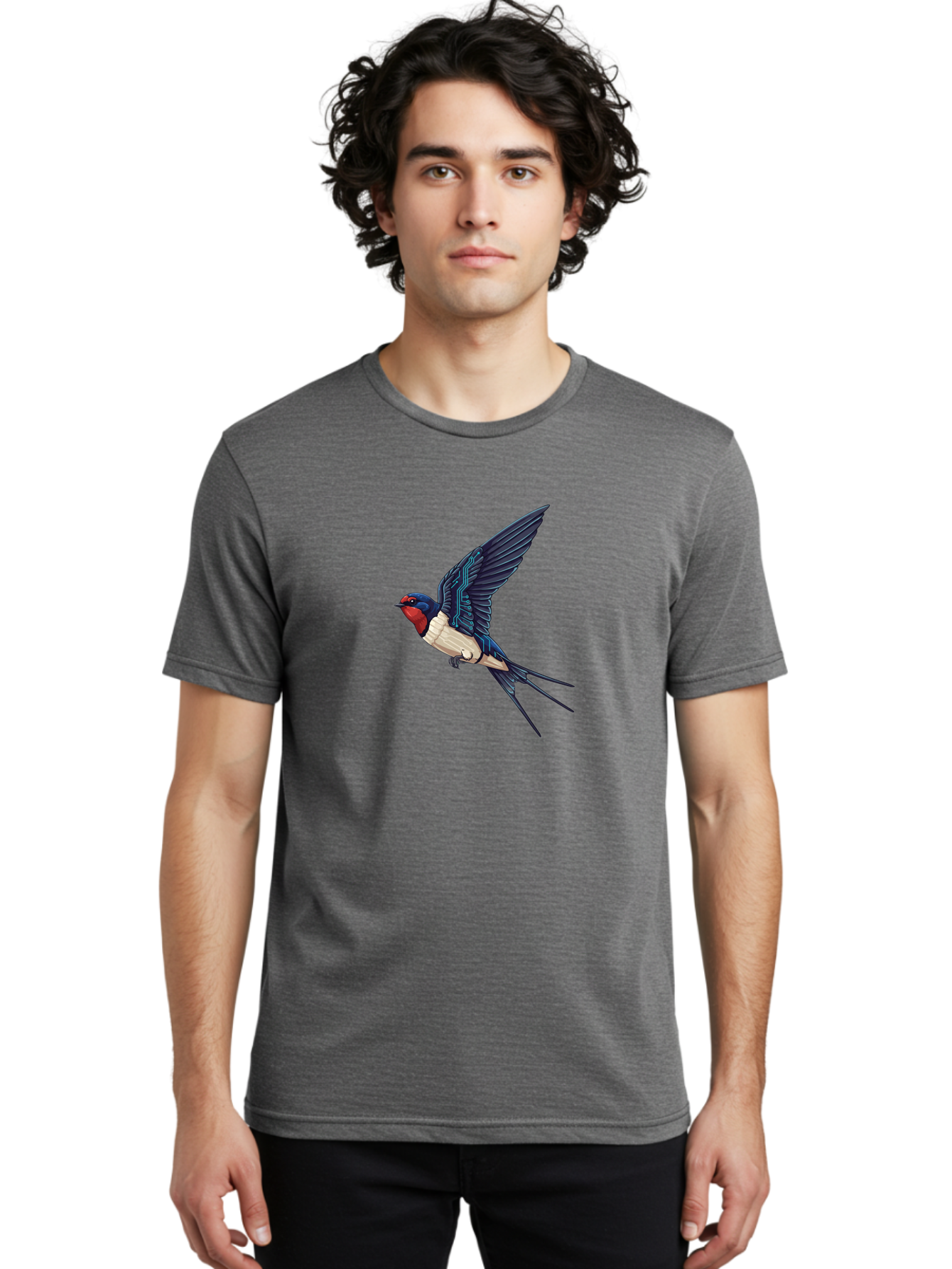 Swallow-3 Men'S Graphic Tee, 100% Cotton, Comfortable Casual Summer Wear, Machine Washable, Barn Swallow In Flight, Blue And White Plumage, Red Face, Sleek Design, Futuristic Elements, Circuit Board Wings, Wildlife Art, Stylized Bird, Bae291 20