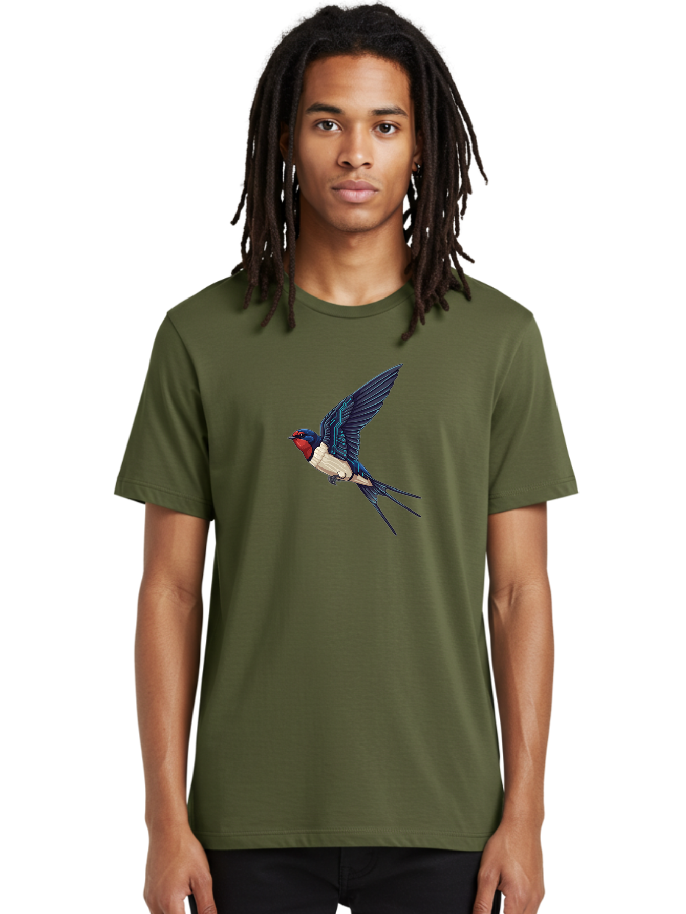 Swallow-3 Men'S Graphic Tee, 100% Cotton, Comfortable Casual Summer Wear, Machine Washable, Barn Swallow In Flight, Blue And White Plumage, Red Face, Sleek Design, Futuristic Elements, Circuit Board Wings, Wildlife Art, Stylized Bird, Bae291 28