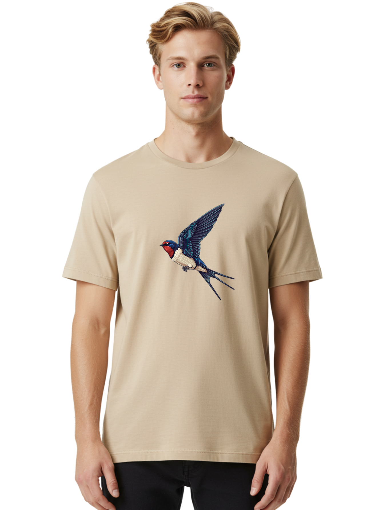 Swallow-3 Men'S Graphic Tee, 100% Cotton, Comfortable Casual Summer Wear, Machine Washable, Barn Swallow In Flight, Blue And White Plumage, Red Face, Sleek Design, Futuristic Elements, Circuit Board Wings, Wildlife Art, Stylized Bird, Bae291 30