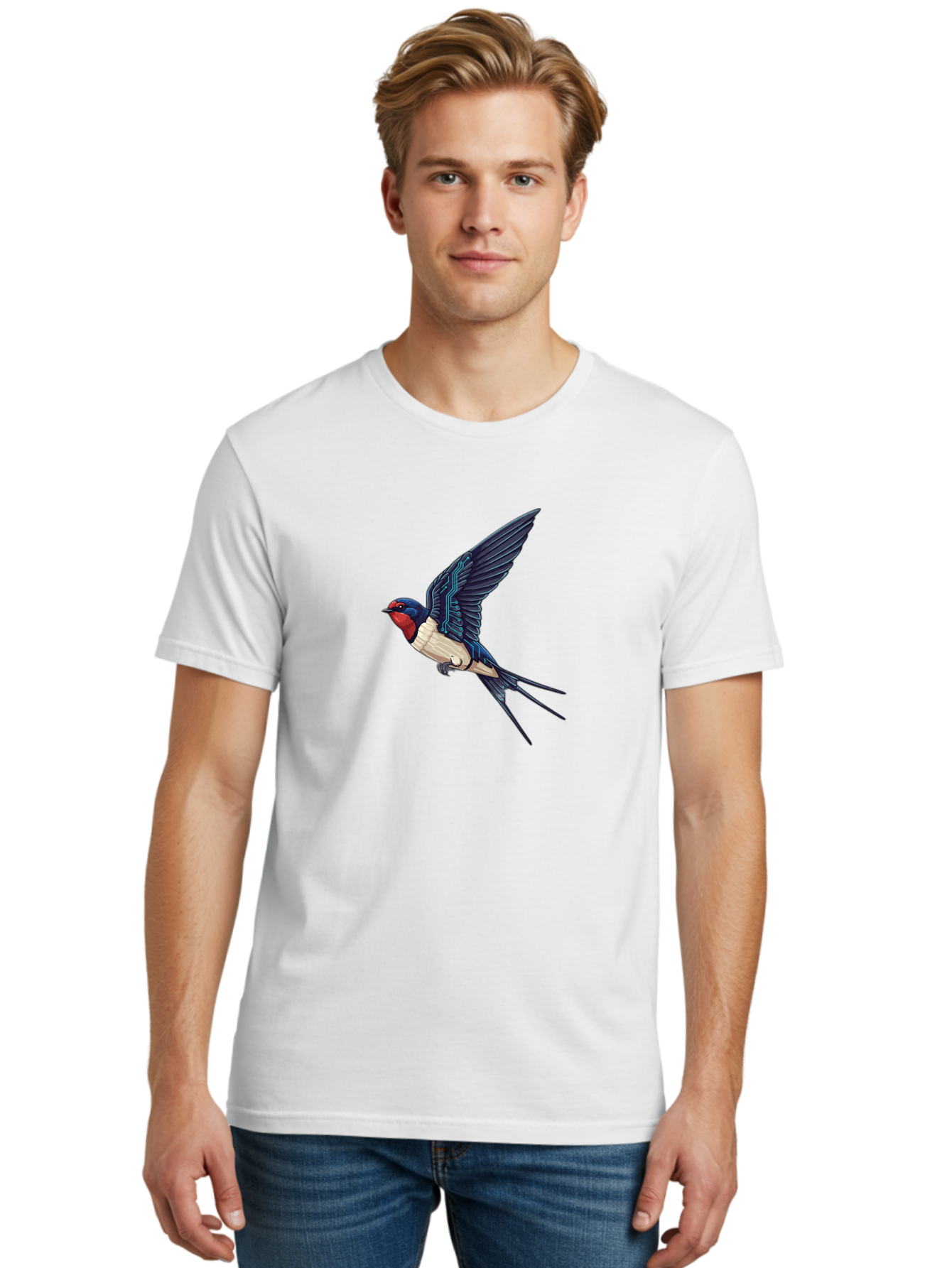 Swallow-3 Men'S Graphic Tee, 100% Cotton, Comfortable Casual Summer Wear, Machine Washable, Barn Swallow In Flight, Blue And White Plumage, Red Face, Sleek Design, Futuristic Elements, Circuit Board Wings, Wildlife Art, Stylized Bird, Bae291 26
