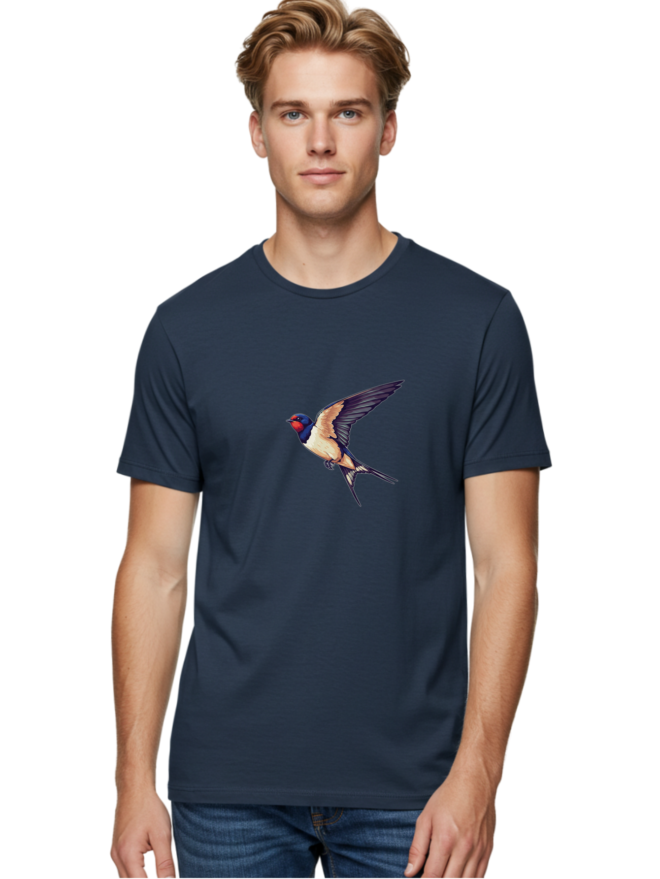 Swallow-Bird-1 Men'S Graphic Tee, 100% Cotton, Comfortable Casual Summer Wear, Machine Washable, Bird In Flight, Swallow Species, Blue And Red Head, White And Black Wings, Natural Flight, Birdwatching, Wildlife Photography, Migratory Bird, Bae292 16