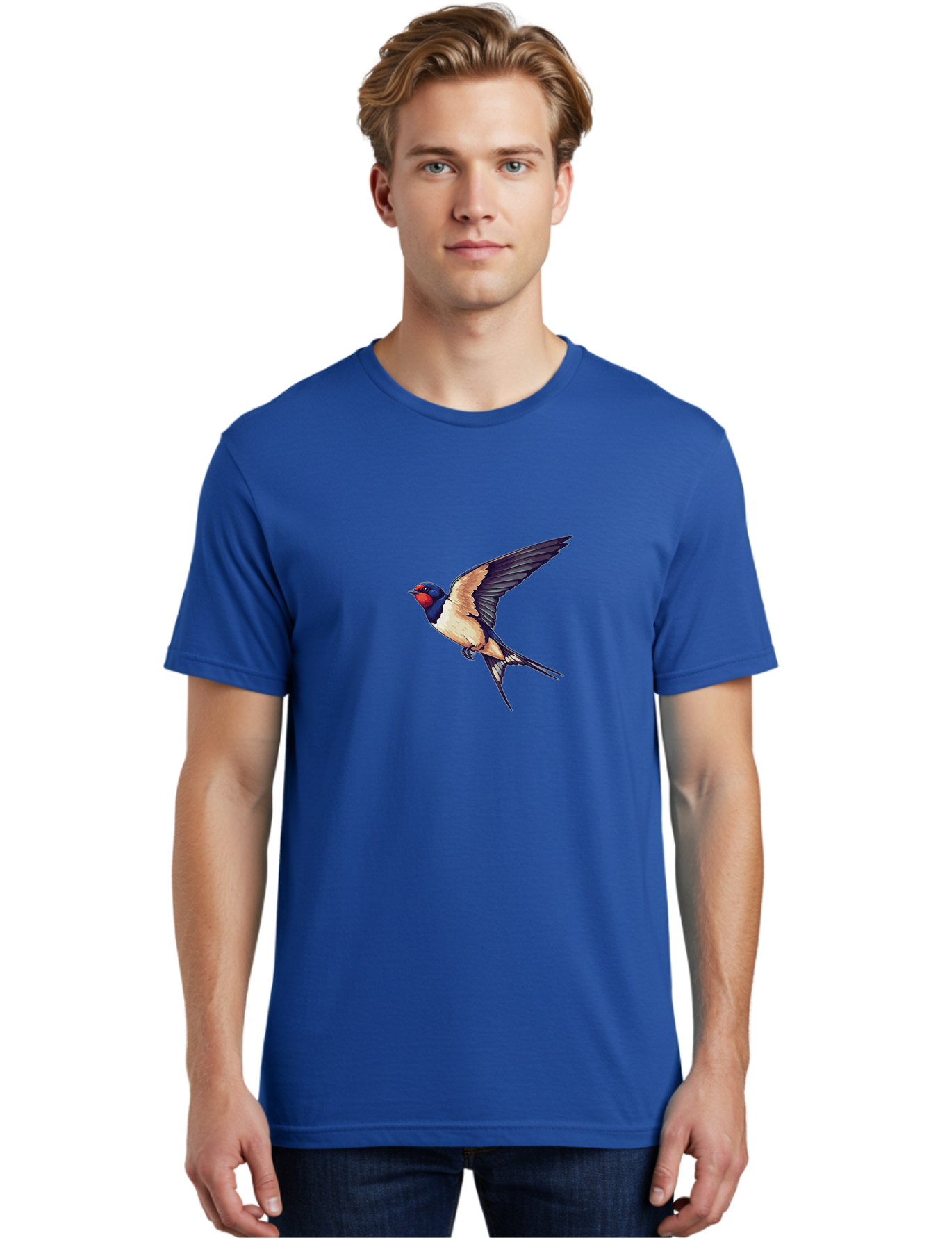 Swallow-Bird-1 Men'S Graphic Tee, 100% Cotton, Comfortable Casual Summer Wear, Machine Washable, Bird In Flight, Swallow Species, Blue And Red Head, White And Black Wings, Natural Flight, Birdwatching, Wildlife Photography, Migratory Bird, Bae292 21