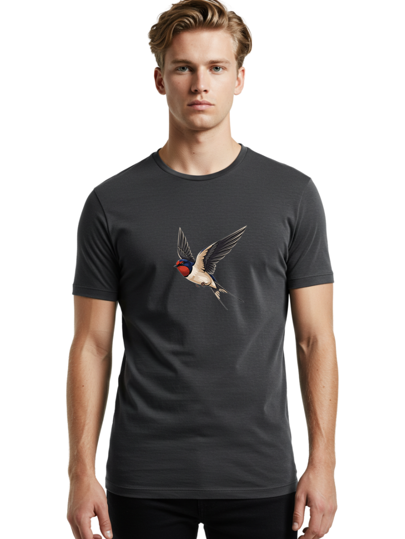 Swallow-Bird-In-Flight Men'S Graphic Tee, 100% Cotton, Comfortable Casual Summer Wear, Machine Washable, Swallow Bird In Flight, Red Face, Blue Head, White Belly, Black Wings, Bird Species, Wildlife Illustration, Flying Bird, Animal Art Bae293 17
