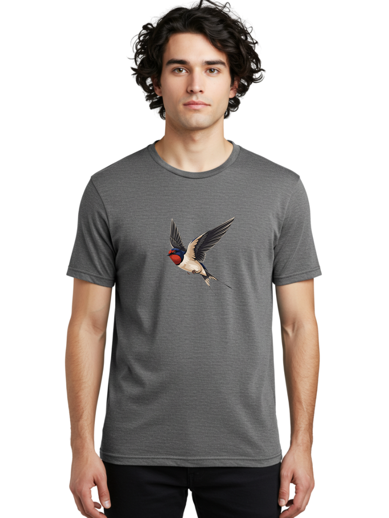Swallow-Bird-In-Flight Men'S Graphic Tee, 100% Cotton, Comfortable Casual Summer Wear, Machine Washable, Swallow Bird In Flight, Red Face, Blue Head, White Belly, Black Wings, Bird Species, Wildlife Illustration, Flying Bird, Animal Art Bae293 19