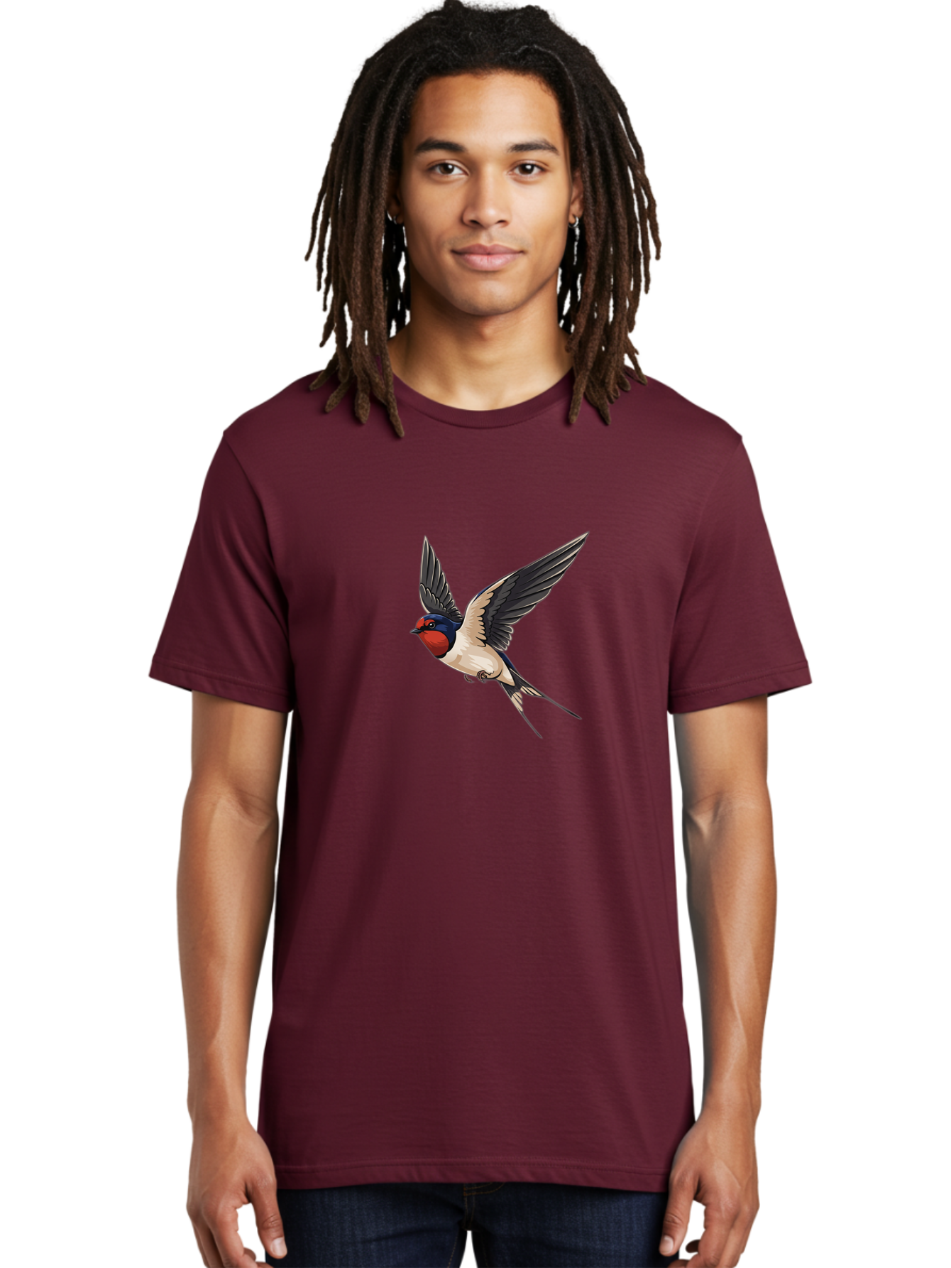 Swallow-Bird-In-Flight Men'S Graphic Tee, 100% Cotton, Comfortable Casual Summer Wear, Machine Washable, Swallow Bird In Flight, Red Face, Blue Head, White Belly, Black Wings, Bird Species, Wildlife Illustration, Flying Bird, Animal Art Bae293 29