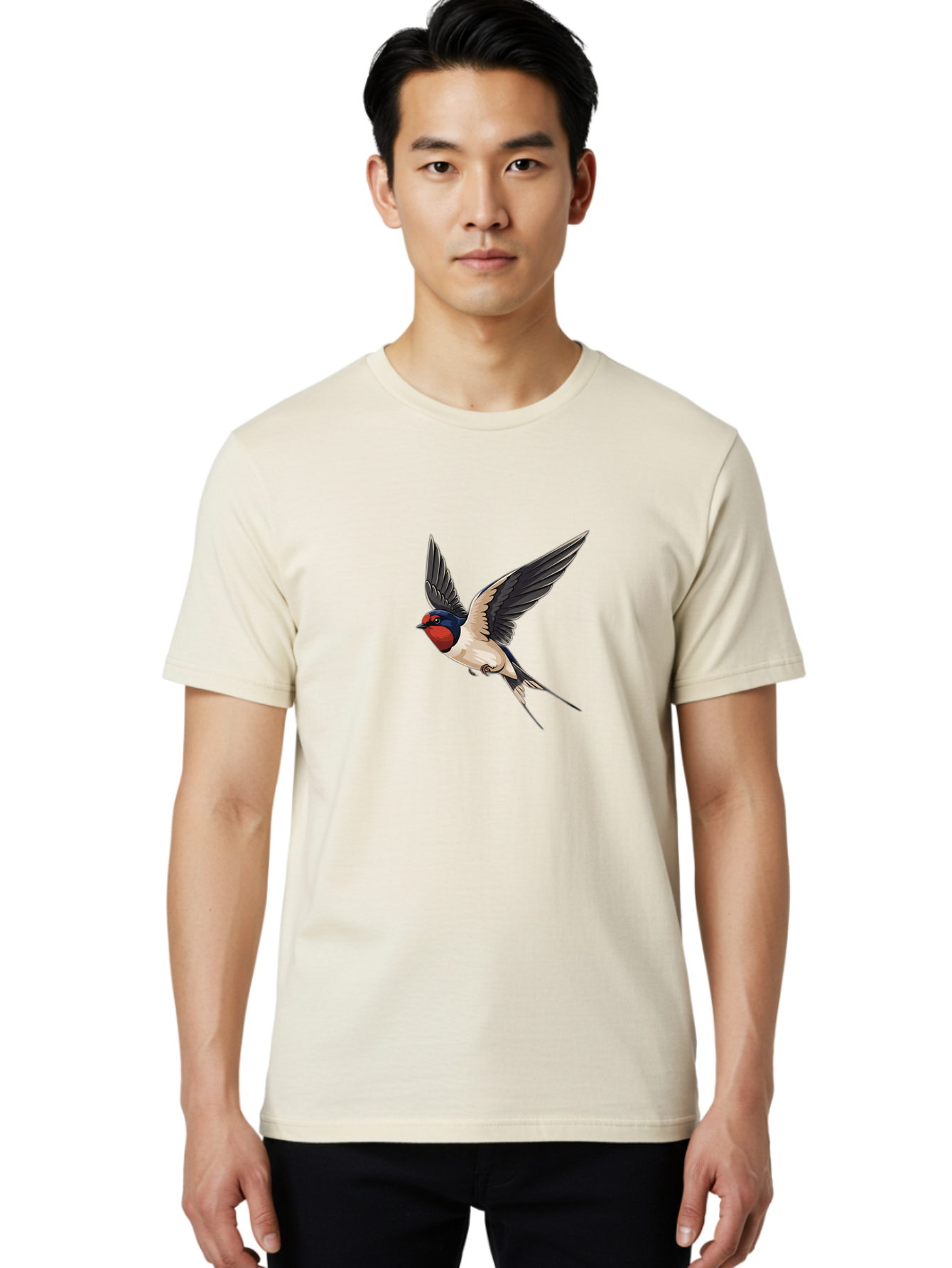 Swallow-Bird-In-Flight Men'S Graphic Tee, 100% Cotton, Comfortable Casual Summer Wear, Machine Washable, Swallow Bird In Flight, Red Face, Blue Head, White Belly, Black Wings, Bird Species, Wildlife Illustration, Flying Bird, Animal Art Bae293 25