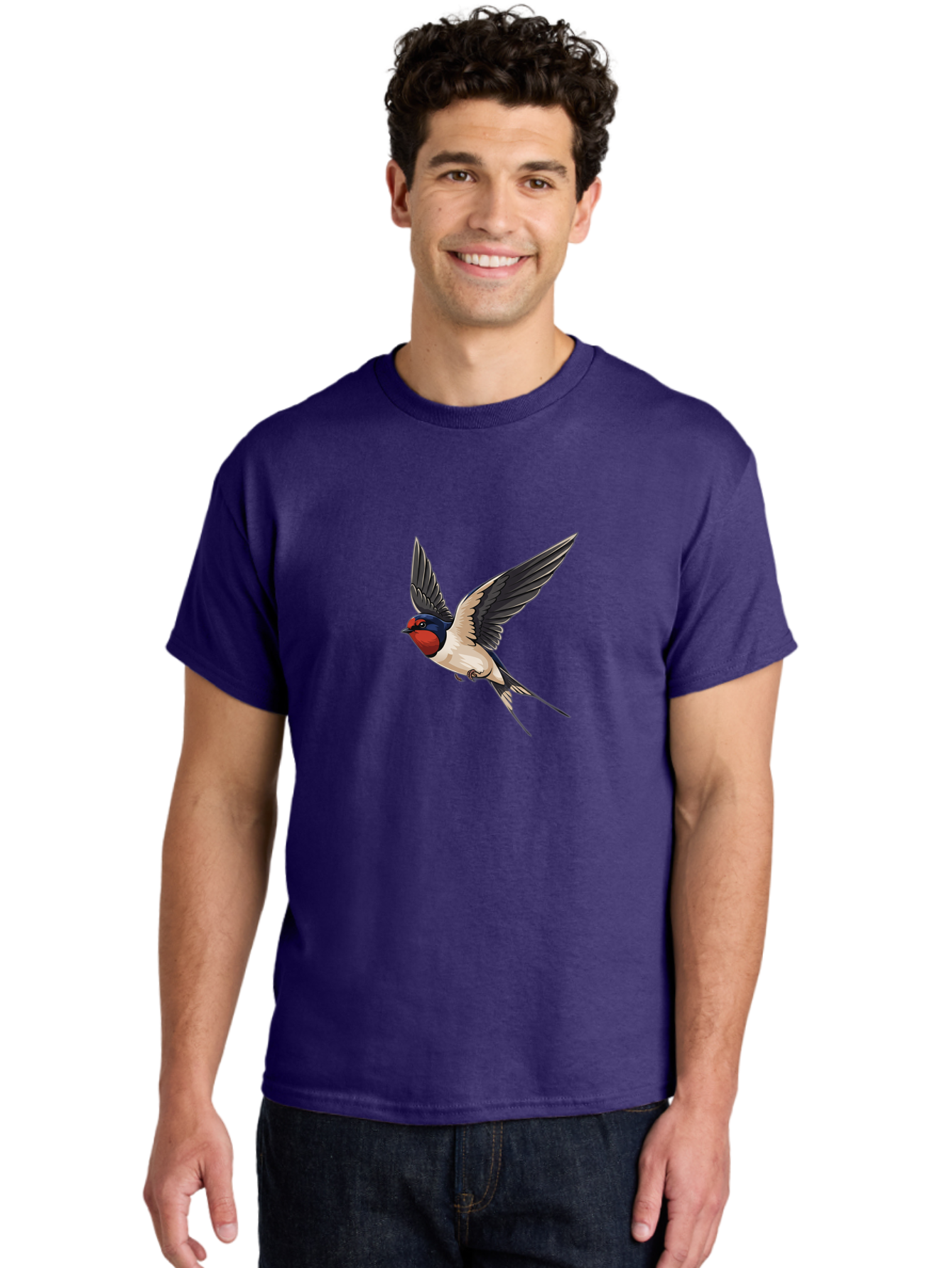 Swallow-Bird-In-Flight Men'S Graphic Tee, 100% Cotton, Comfortable Casual Summer Wear, Machine Washable, Swallow Bird In Flight, Red Face, Blue Head, White Belly, Black Wings, Bird Species, Wildlife Illustration, Flying Bird, Animal Art Bae293 16