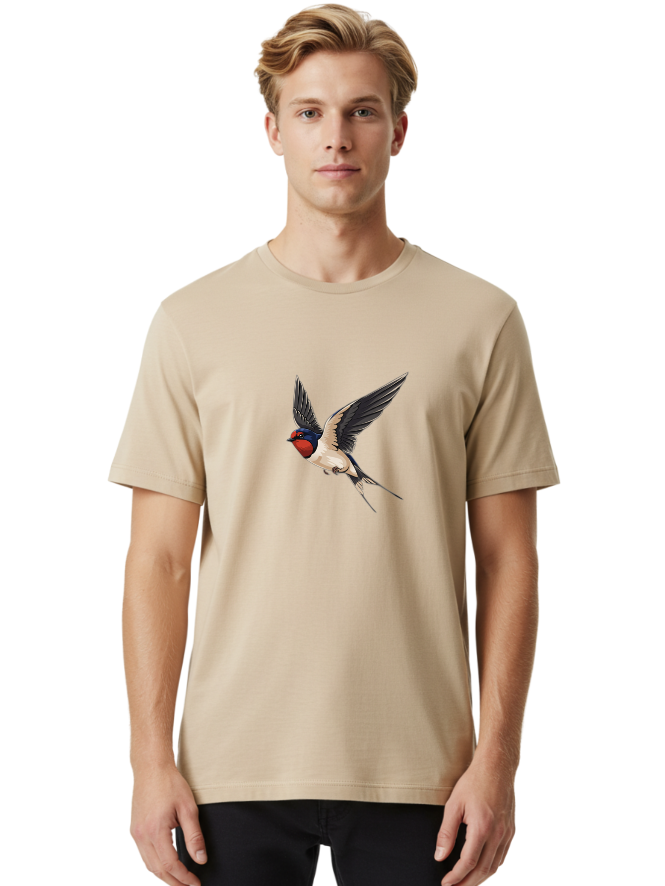 Swallow-Bird-In-Flight Men'S Graphic Tee, 100% Cotton, Comfortable Casual Summer Wear, Machine Washable, Swallow Bird In Flight, Red Face, Blue Head, White Belly, Black Wings, Bird Species, Wildlife Illustration, Flying Bird, Animal Art Bae293 24