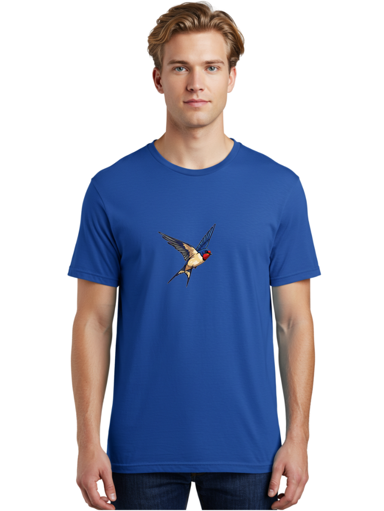 Swallow-Flying Men'S Graphic Tee, 100% Cotton, Comfortable Casual Summer Wear, Machine Washable, Swallow Bird In Flight, Blue And Tan Feathers, Red Face, Dynamic Wings, Bird In Mid-Air, Wildlife Illustration, Colorful Plumage, Bird'S Eye View, Bae295 26