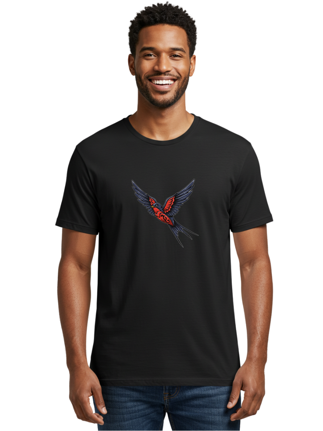 Swallow-In-Flight-1 Men'S Graphic Tee, 100% Cotton, Comfortable Casual Summer Wear, Machine Washable, Tribal Swallow Design, Bird In Flight, Red And Black Artwork, Tattoo Inspiration, Symbolic Bird, Winged Creature, Traditional Tattoo Art, Bae296 16