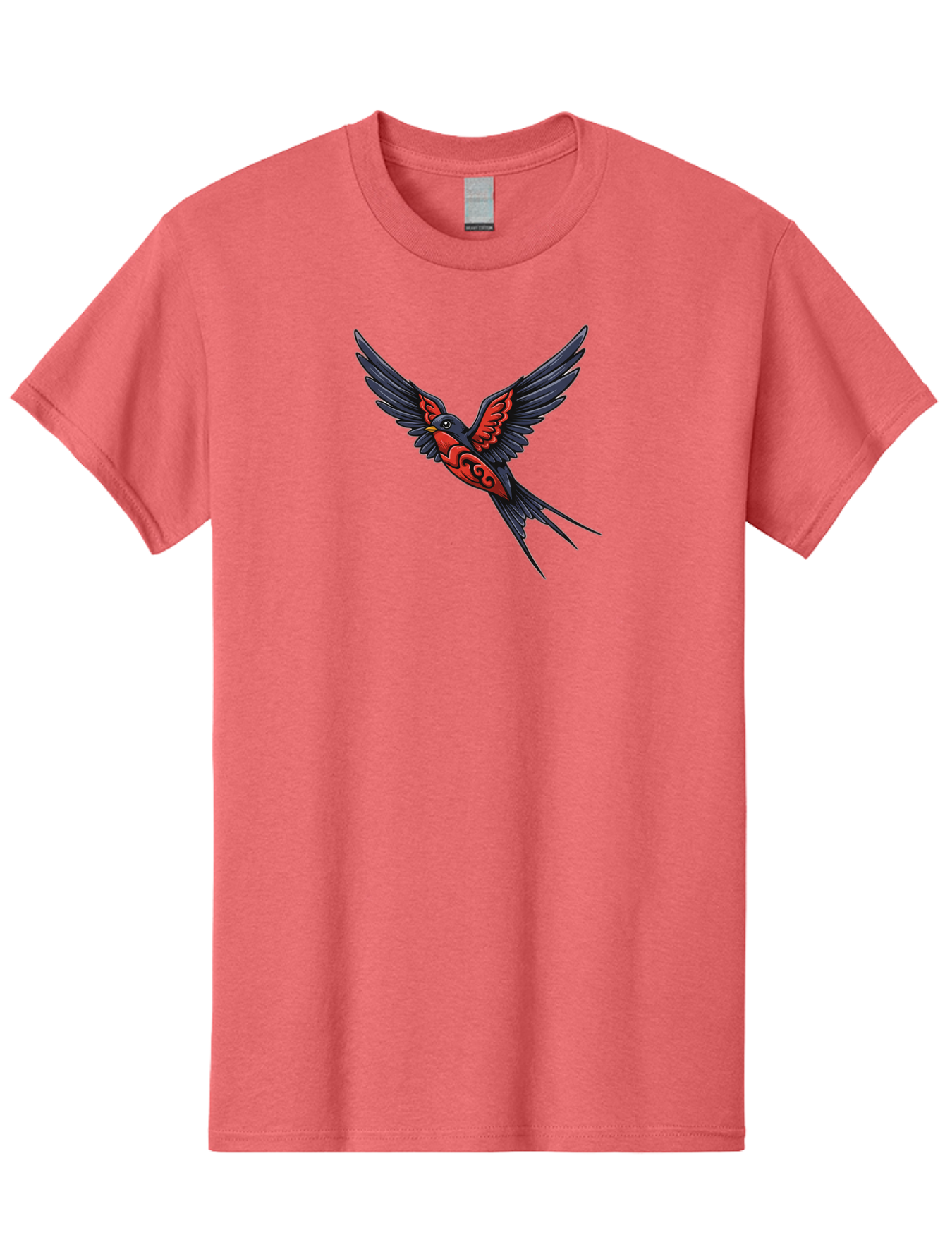 Swallow-In-Flight-1 Men'S Graphic Tee, 100% Cotton, Comfortable Casual Summer Wear, Machine Washable, Tribal Swallow Design, Bird In Flight, Red And Black Artwork, Tattoo Inspiration, Symbolic Bird, Winged Creature, Traditional Tattoo Art, Bae296 13