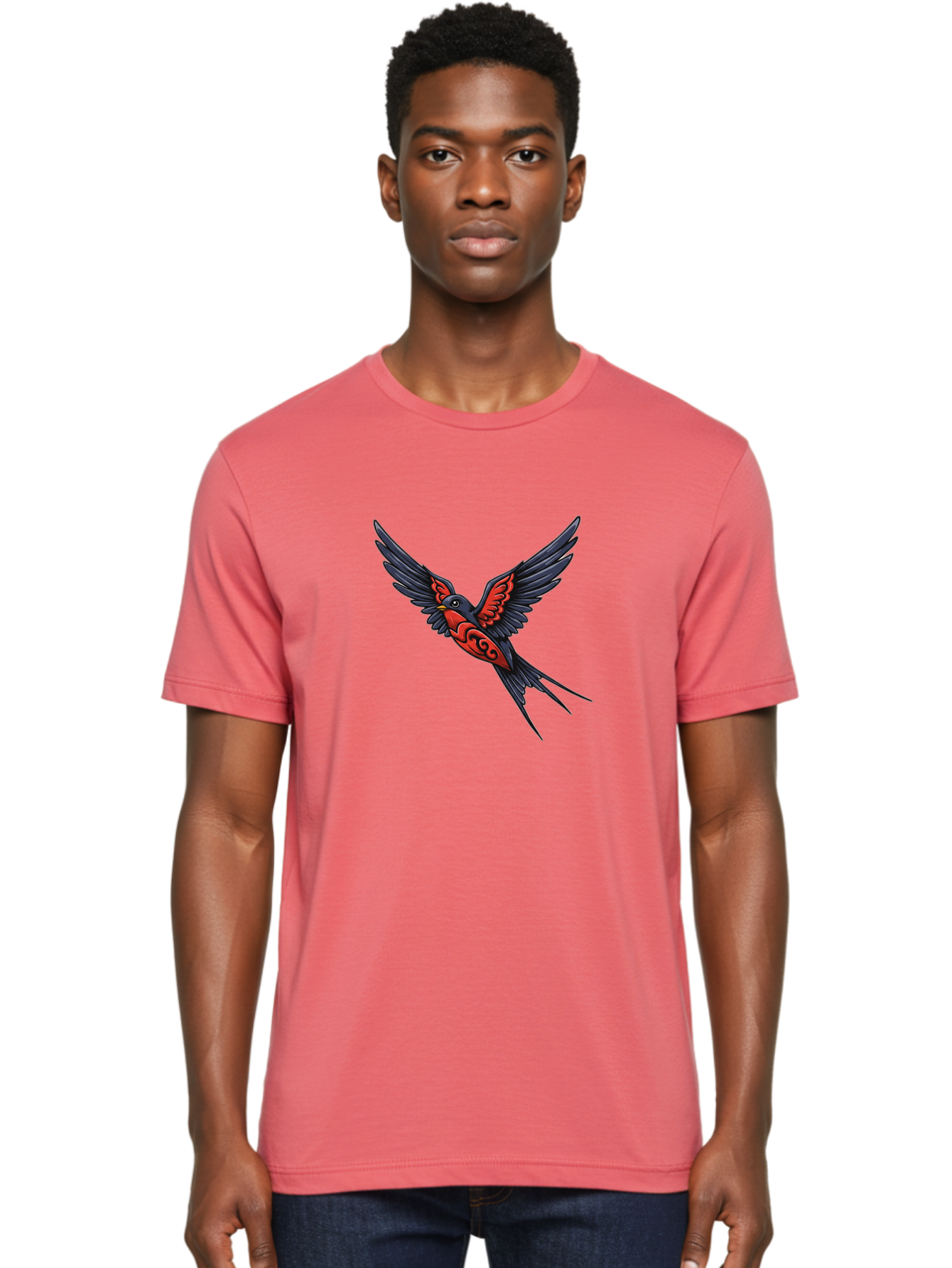 Swallow-In-Flight-1 Men'S Graphic Tee, 100% Cotton, Comfortable Casual Summer Wear, Machine Washable, Tribal Swallow Design, Bird In Flight, Red And Black Artwork, Tattoo Inspiration, Symbolic Bird, Winged Creature, Traditional Tattoo Art, Bae296 28