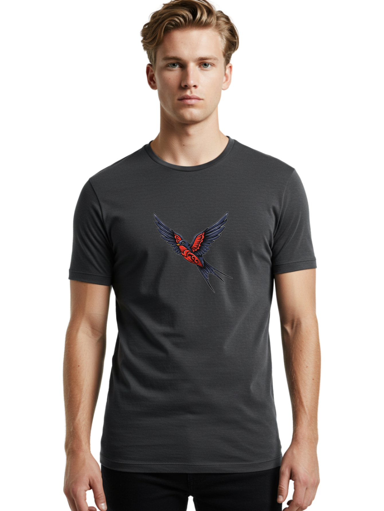 Swallow-In-Flight-1 Men'S Graphic Tee, 100% Cotton, Comfortable Casual Summer Wear, Machine Washable, Tribal Swallow Design, Bird In Flight, Red And Black Artwork, Tattoo Inspiration, Symbolic Bird, Winged Creature, Traditional Tattoo Art, Bae296 29