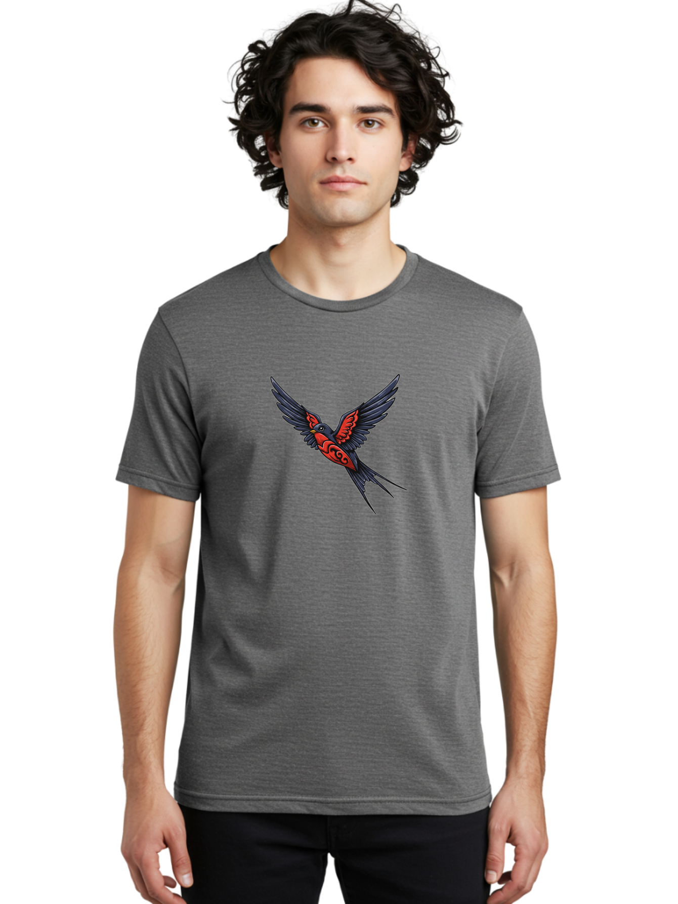 Swallow-In-Flight-1 Men'S Graphic Tee, 100% Cotton, Comfortable Casual Summer Wear, Machine Washable, Tribal Swallow Design, Bird In Flight, Red And Black Artwork, Tattoo Inspiration, Symbolic Bird, Winged Creature, Traditional Tattoo Art, Bae296 25