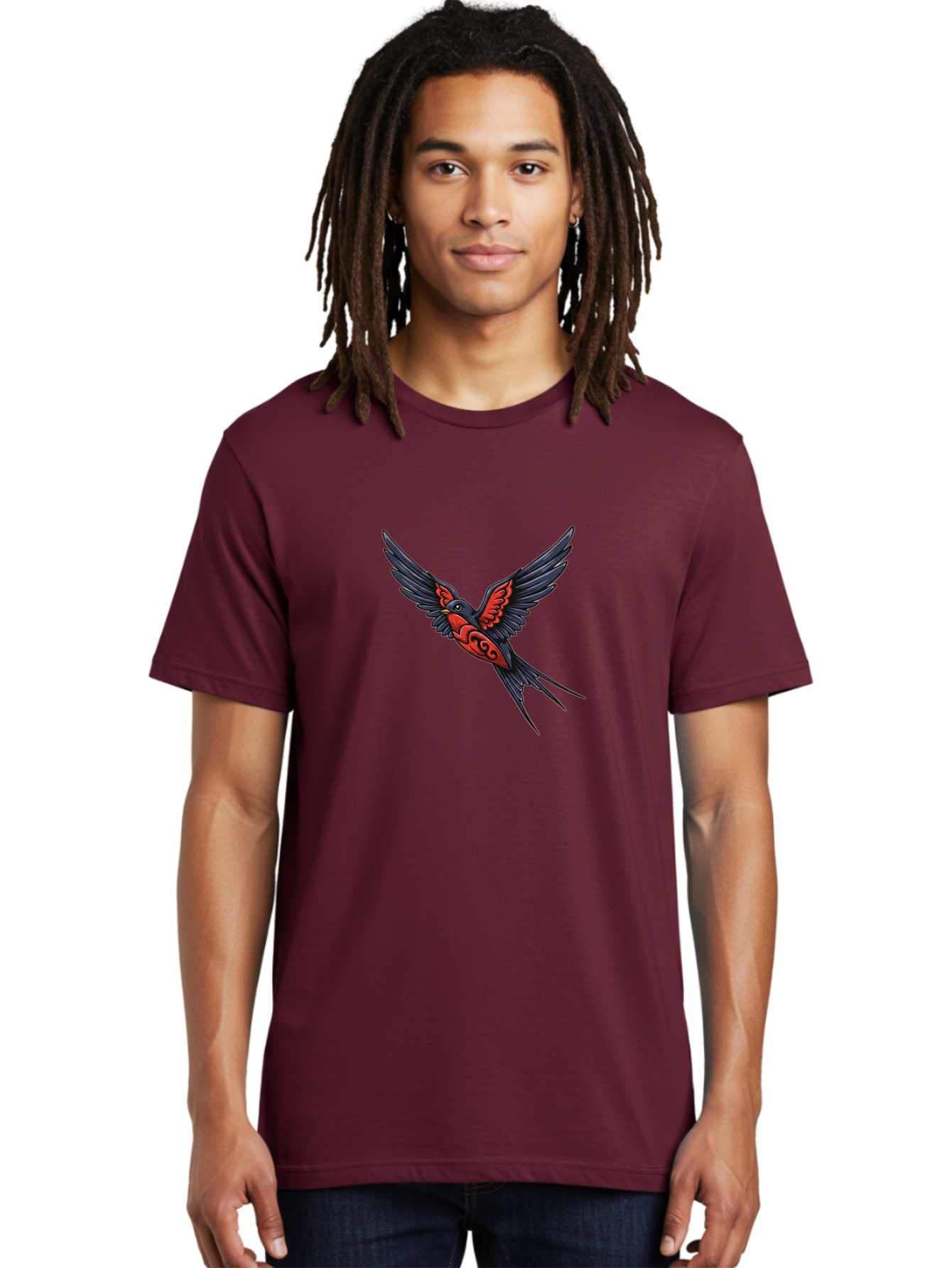 Swallow-In-Flight-1 Men'S Graphic Tee, 100% Cotton, Comfortable Casual Summer Wear, Machine Washable, Tribal Swallow Design, Bird In Flight, Red And Black Artwork, Tattoo Inspiration, Symbolic Bird, Winged Creature, Traditional Tattoo Art, Bae296 23