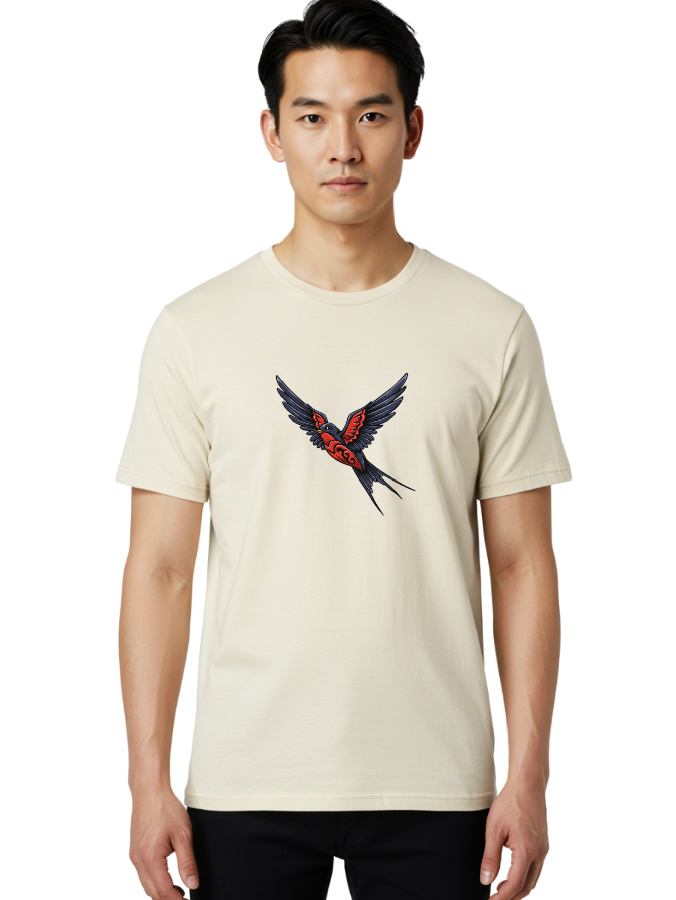 Swallow-In-Flight-1 Men'S Graphic Tee, 100% Cotton, Comfortable Casual Summer Wear, Machine Washable, Tribal Swallow Design, Bird In Flight, Red And Black Artwork, Tattoo Inspiration, Symbolic Bird, Winged Creature, Traditional Tattoo Art, Bae296 18