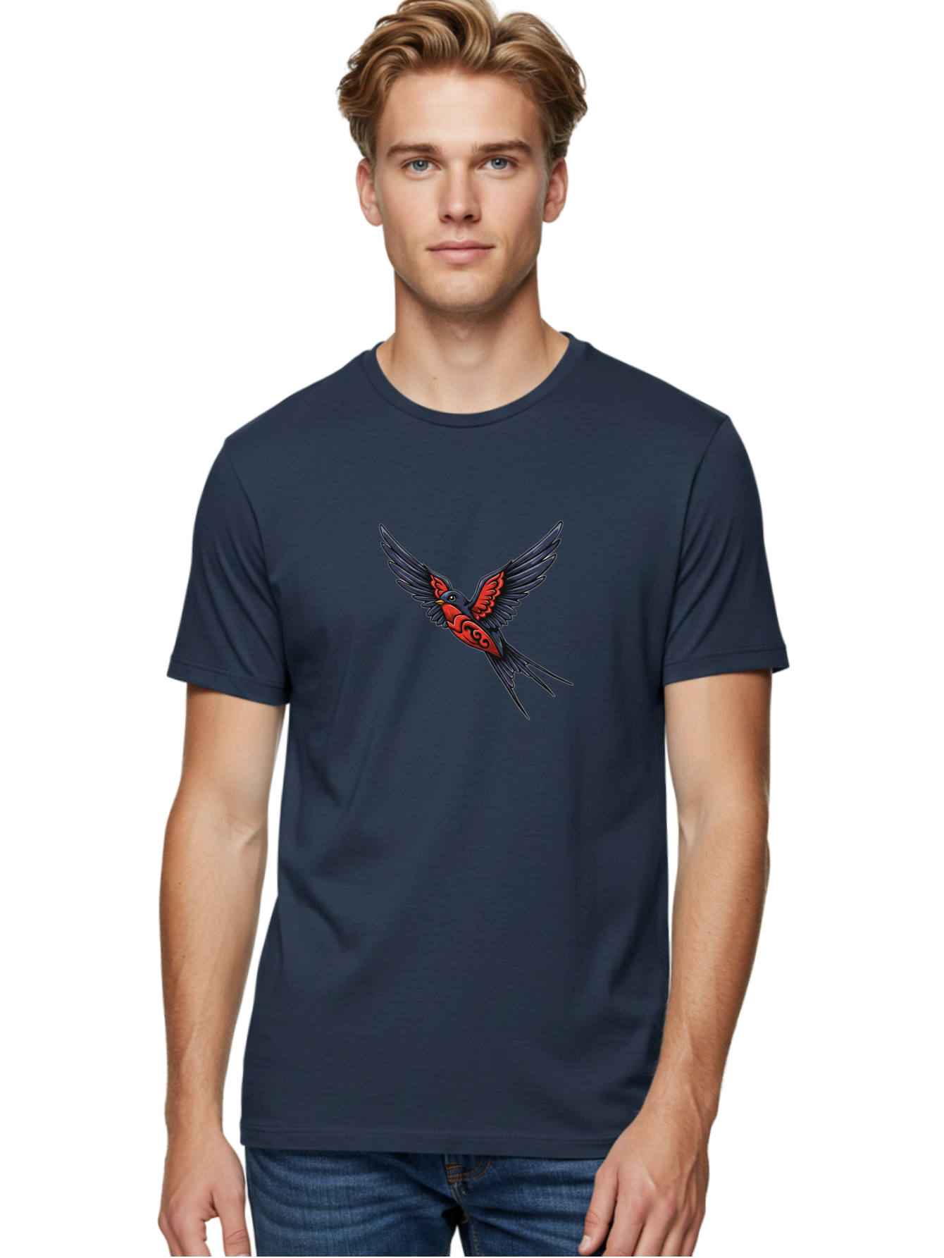 Swallow-In-Flight-1 Men'S Graphic Tee, 100% Cotton, Comfortable Casual Summer Wear, Machine Washable, Tribal Swallow Design, Bird In Flight, Red And Black Artwork, Tattoo Inspiration, Symbolic Bird, Winged Creature, Traditional Tattoo Art, Bae296 30