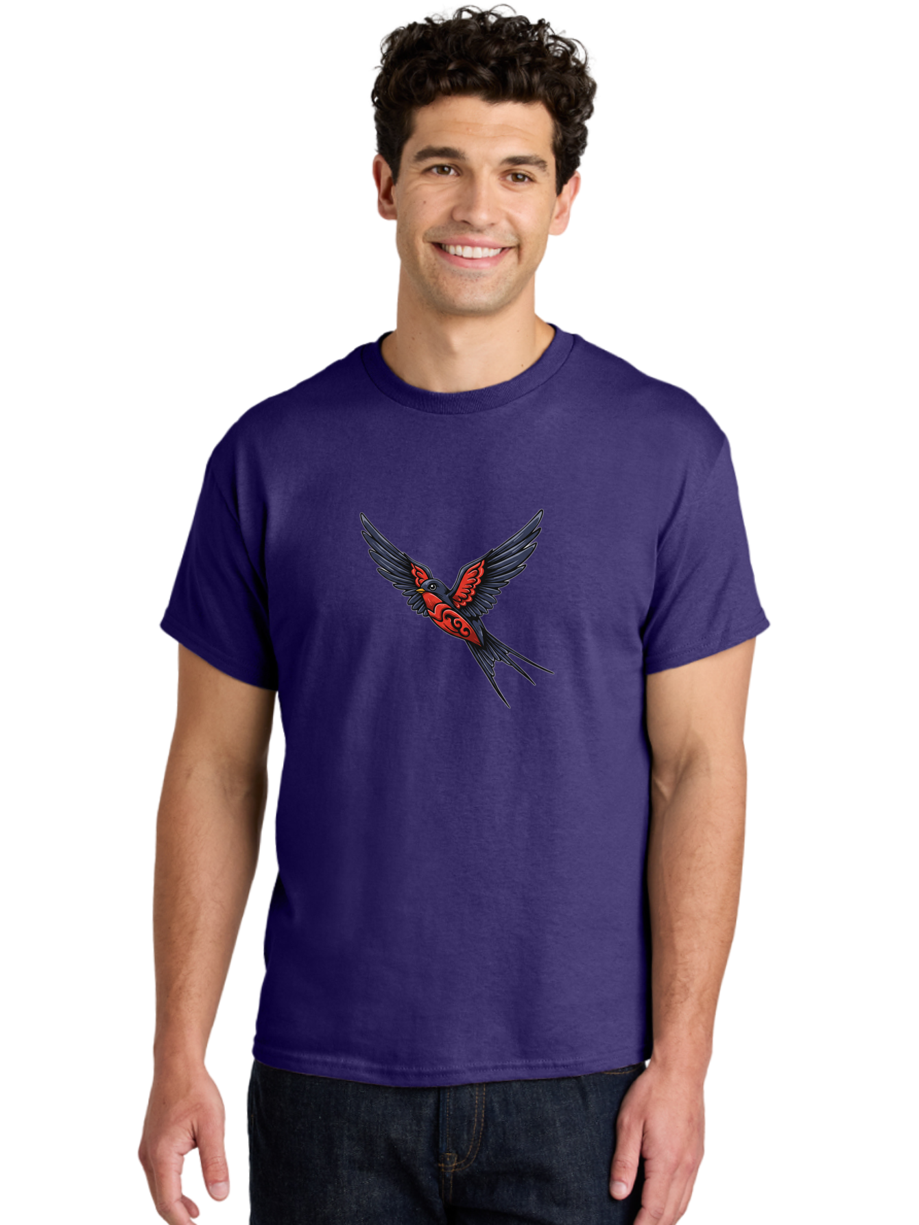 Swallow-In-Flight-1 Men'S Graphic Tee, 100% Cotton, Comfortable Casual Summer Wear, Machine Washable, Tribal Swallow Design, Bird In Flight, Red And Black Artwork, Tattoo Inspiration, Symbolic Bird, Winged Creature, Traditional Tattoo Art, Bae296 20