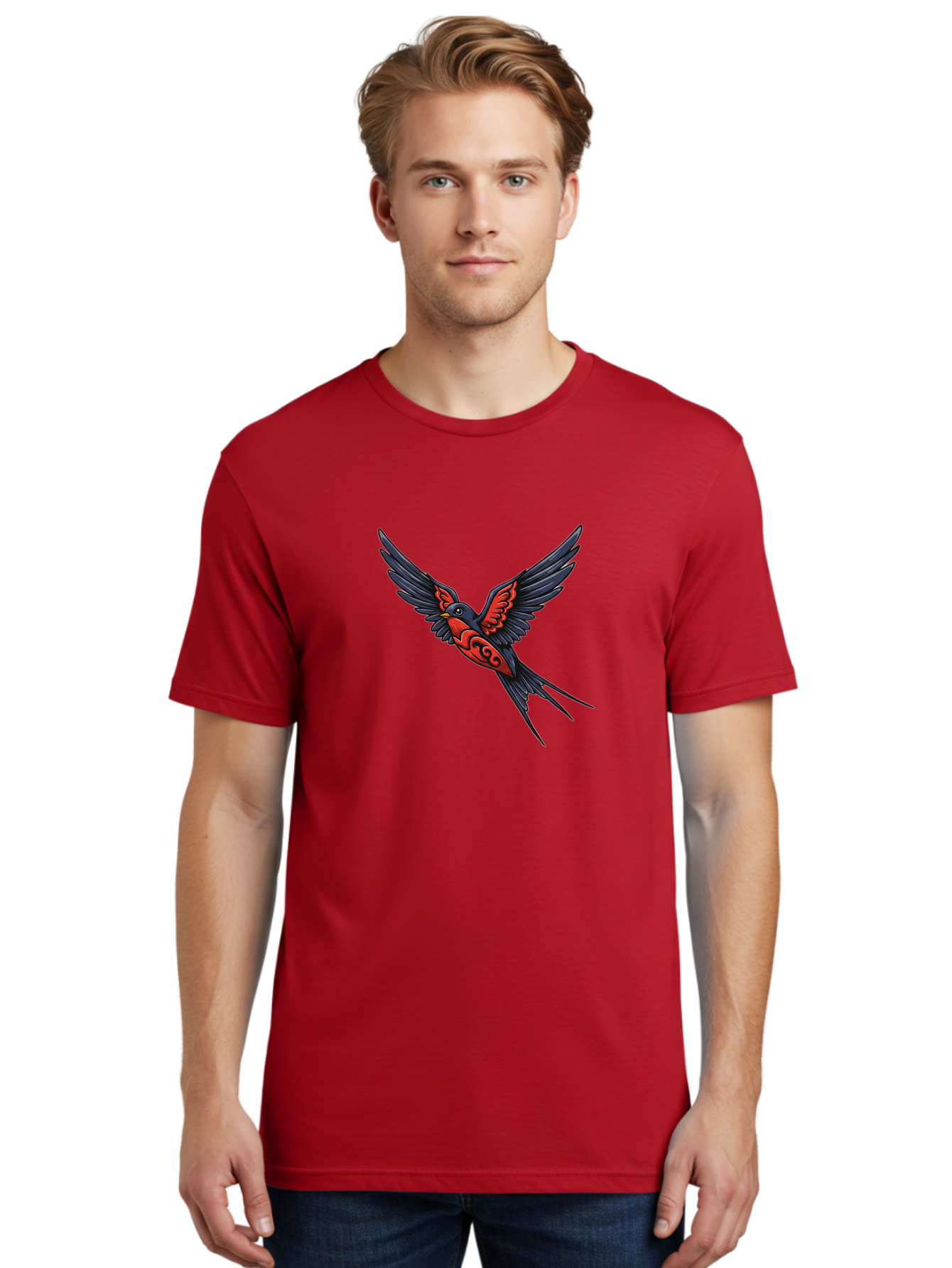 Swallow-In-Flight-1 Men'S Graphic Tee, 100% Cotton, Comfortable Casual Summer Wear, Machine Washable, Tribal Swallow Design, Bird In Flight, Red And Black Artwork, Tattoo Inspiration, Symbolic Bird, Winged Creature, Traditional Tattoo Art, Bae296 27