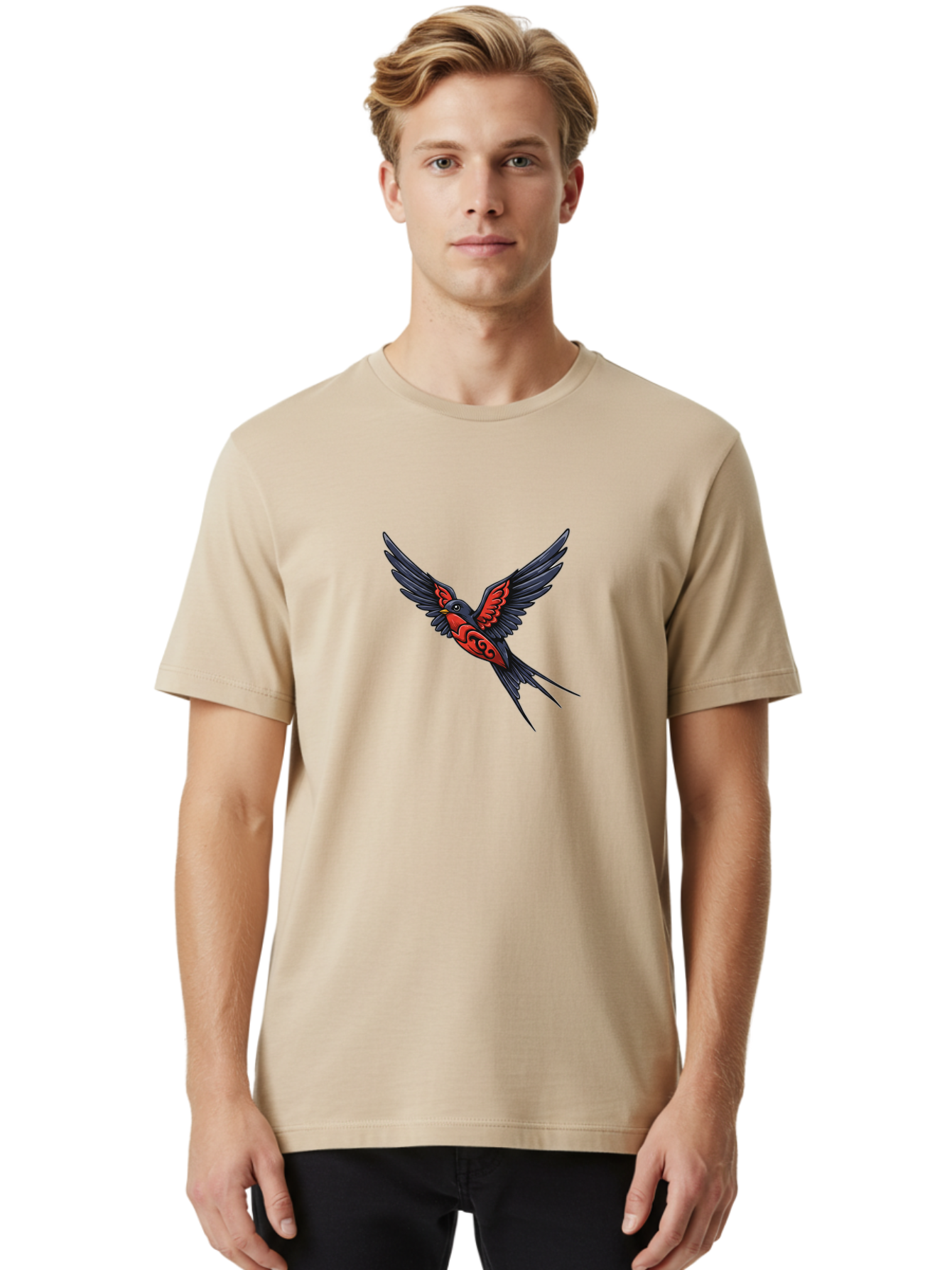 Swallow-In-Flight-1 Men'S Graphic Tee, 100% Cotton, Comfortable Casual Summer Wear, Machine Washable, Tribal Swallow Design, Bird In Flight, Red And Black Artwork, Tattoo Inspiration, Symbolic Bird, Winged Creature, Traditional Tattoo Art, Bae296 17