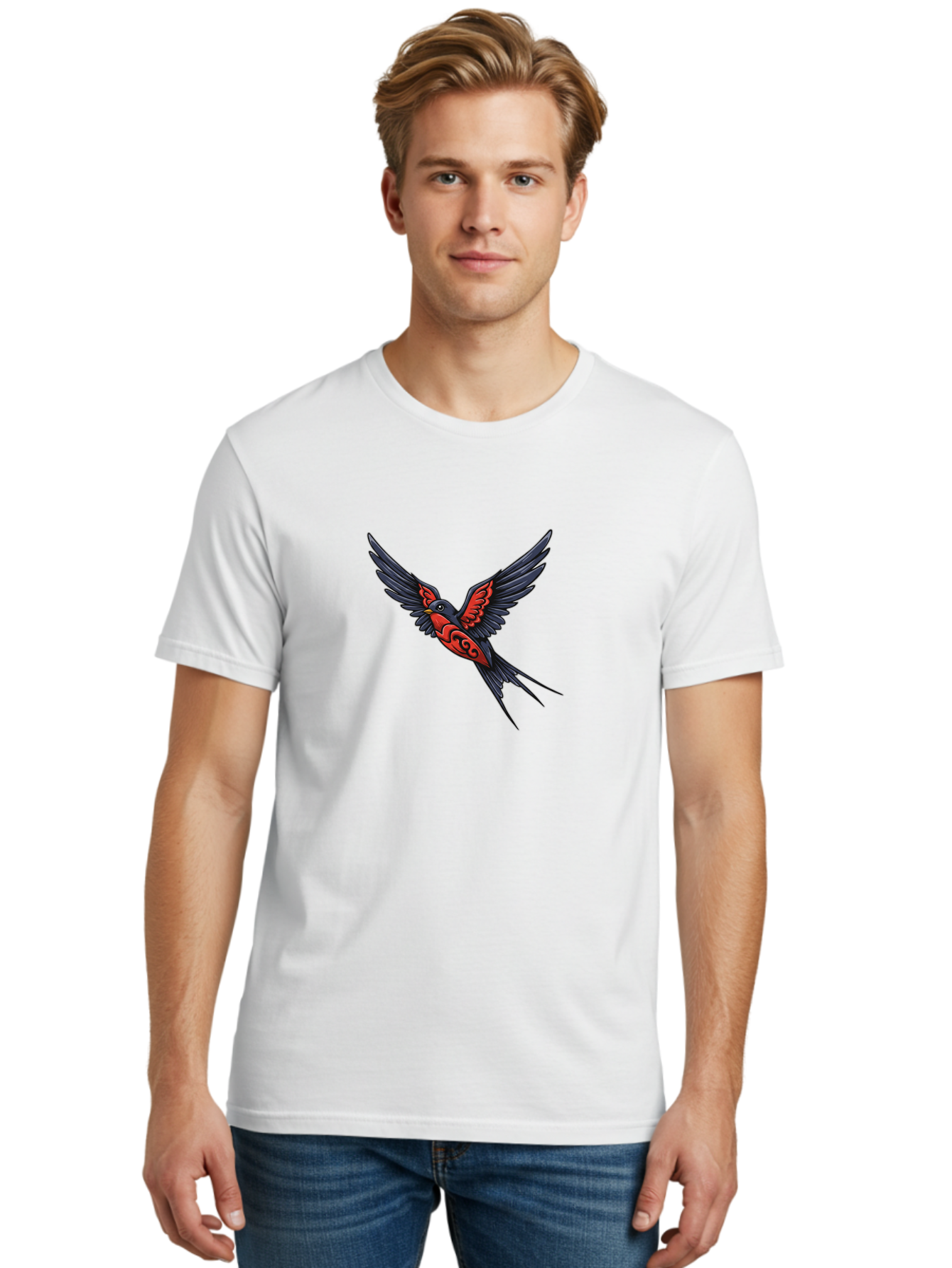 Swallow-In-Flight-1 Men'S Graphic Tee, 100% Cotton, Comfortable Casual Summer Wear, Machine Washable, Tribal Swallow Design, Bird In Flight, Red And Black Artwork, Tattoo Inspiration, Symbolic Bird, Winged Creature, Traditional Tattoo Art, Bae296 24