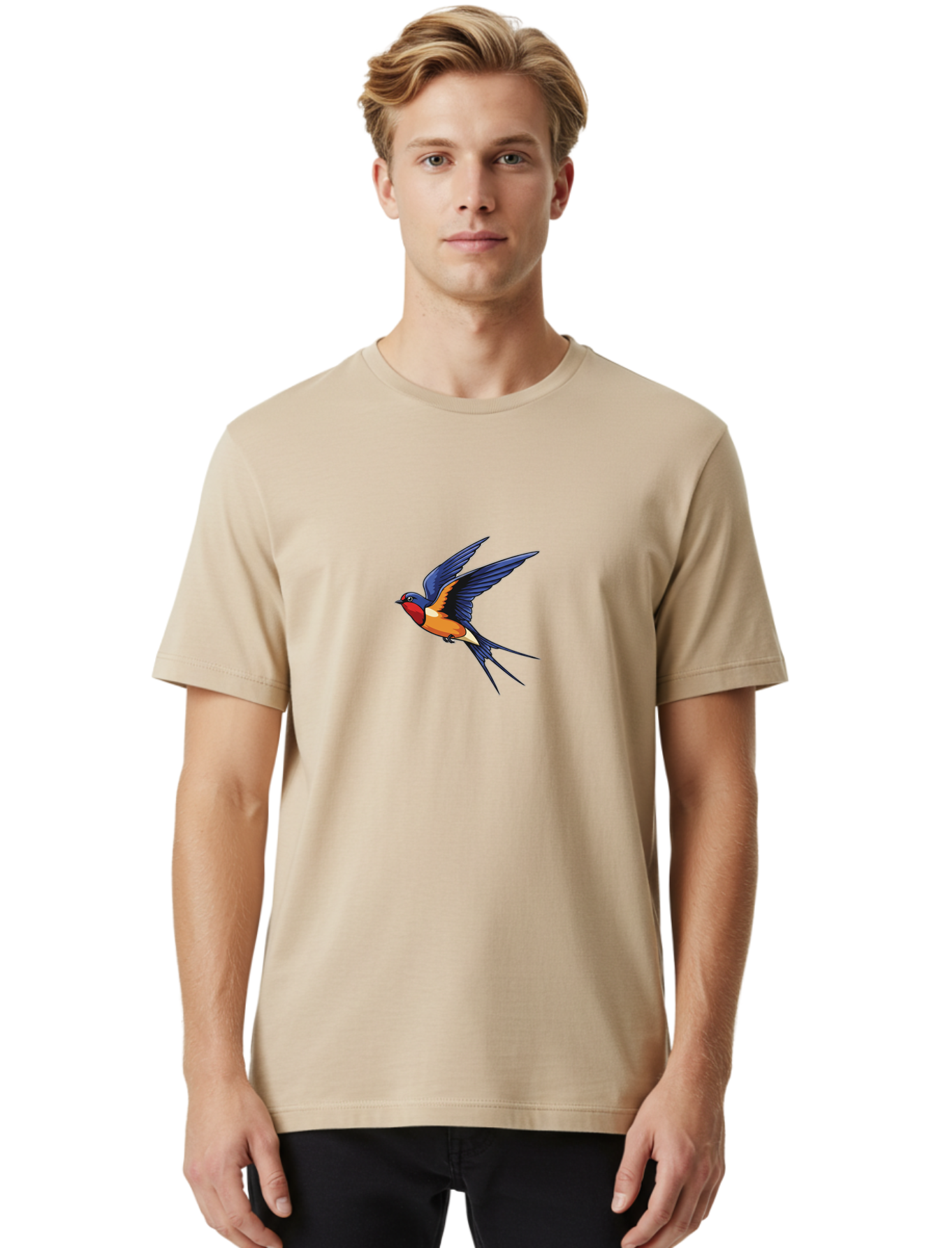 Swallow-In-Flight Men'S Graphic Tee, 100% Cotton, Comfortable Casual Summer Wear, Machine Washable, Barn Swallow In Flight, Colorful Bird, Blue Wings, Orange Belly, Red Face, Wildlife Illustration, Bird Watching, Migratory Bird, Nature Art Bae298 30
