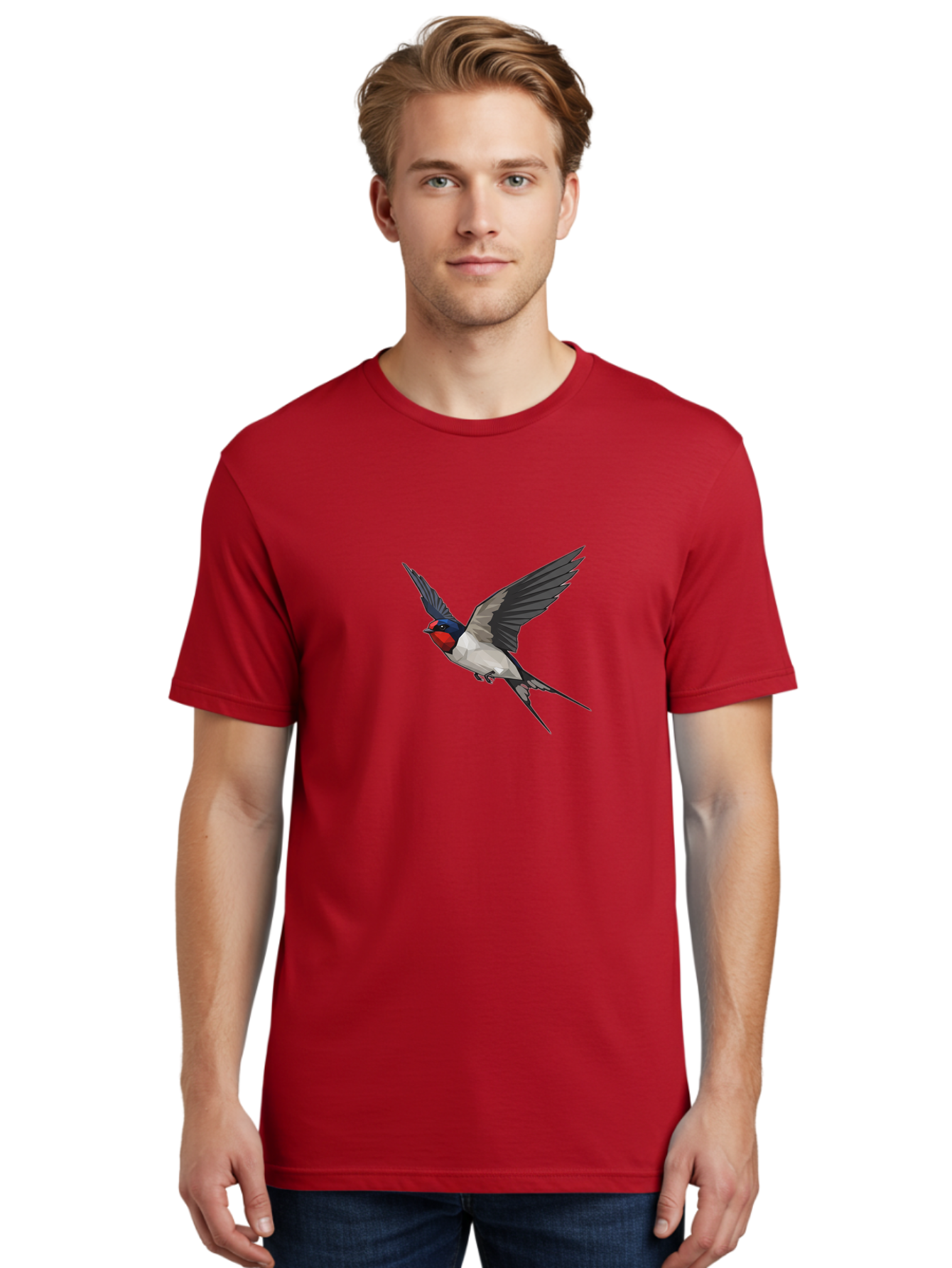Swallow Men'S Graphic Tee, 100% Cotton, Comfortable Casual Summer Wear, Machine Washable, Swallow In Flight, Bird Flying, Wildlife Illustration, Colorful Plumage, Dynamic Movement, Avian Art, Cartoon Bird, Red Face, Blue Head, White Body, Bae299 20
