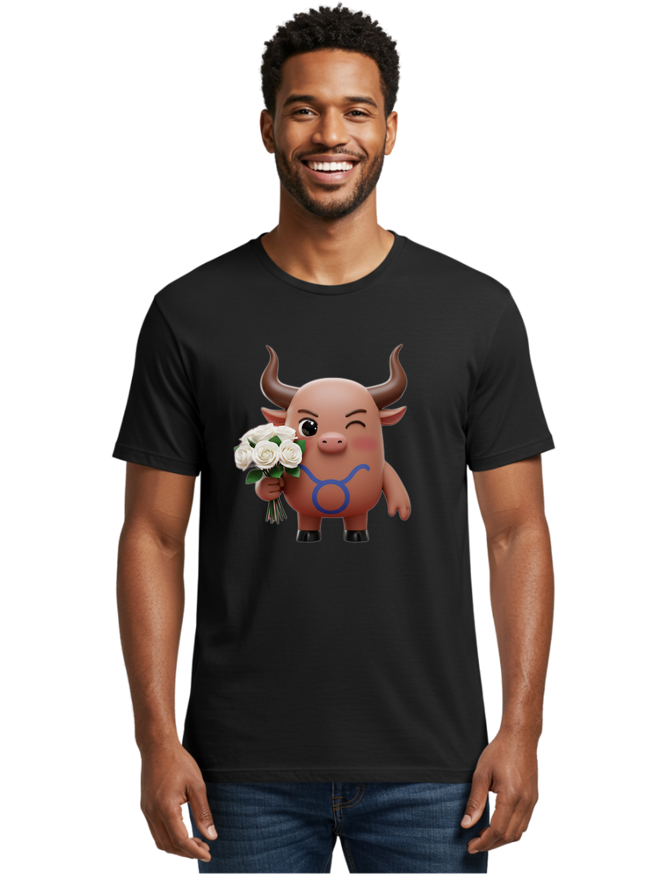 Taurus Men'S Graphic Tee, 100% Cotton, Comfortable Casual Summer Wear, Machine Washable, Taurus Zodiac Symbol, Cartoon Bull Character, Holding White Roses, Symbol Of Love, Astrological Sign, Bull Emoji, Cute Illustration, Zodiac Sign, Bae306 28