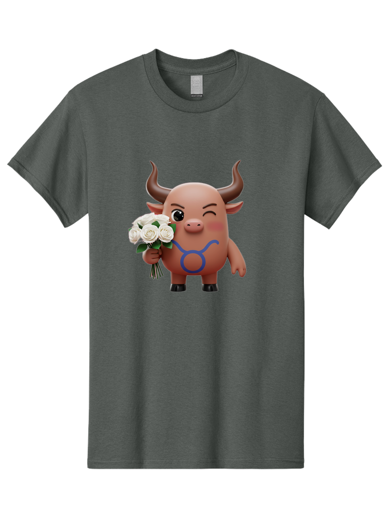 Taurus Men'S Graphic Tee, 100% Cotton, Comfortable Casual Summer Wear, Machine Washable, Taurus Zodiac Symbol, Cartoon Bull Character, Holding White Roses, Symbol Of Love, Astrological Sign, Bull Emoji, Cute Illustration, Zodiac Sign, Bae306 4
