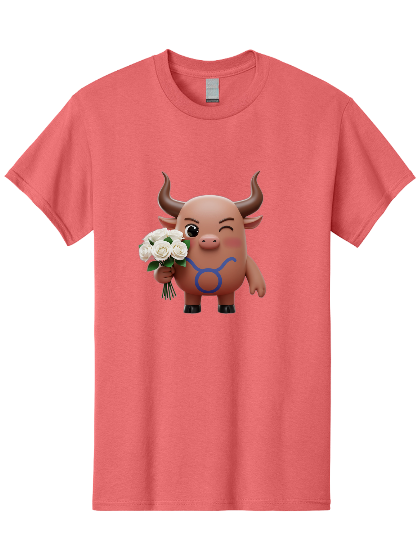 Taurus Men'S Graphic Tee, 100% Cotton, Comfortable Casual Summer Wear, Machine Washable, Taurus Zodiac Symbol, Cartoon Bull Character, Holding White Roses, Symbol Of Love, Astrological Sign, Bull Emoji, Cute Illustration, Zodiac Sign, Bae306 10