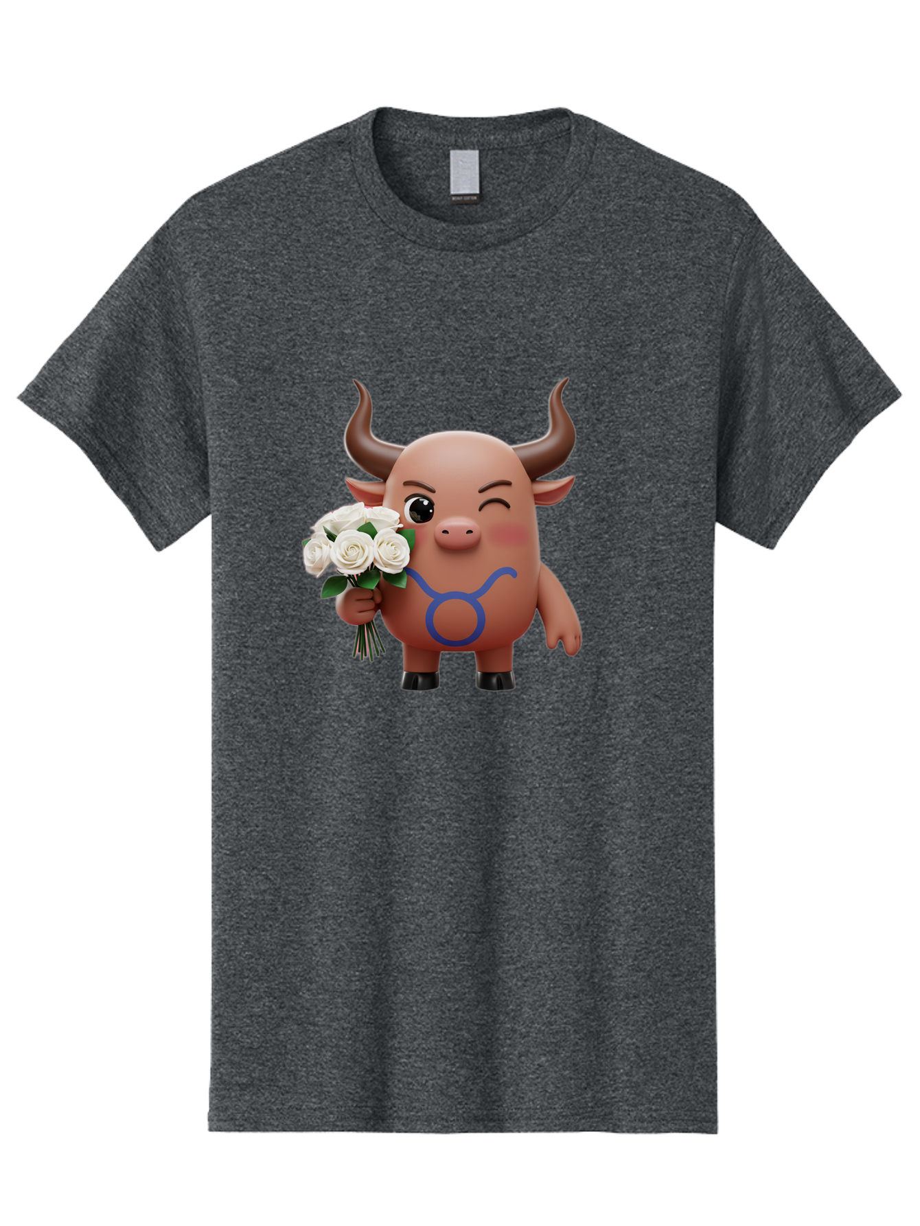 Taurus Men'S Graphic Tee, 100% Cotton, Comfortable Casual Summer Wear, Machine Washable, Taurus Zodiac Symbol, Cartoon Bull Character, Holding White Roses, Symbol Of Love, Astrological Sign, Bull Emoji, Cute Illustration, Zodiac Sign, Bae306 5