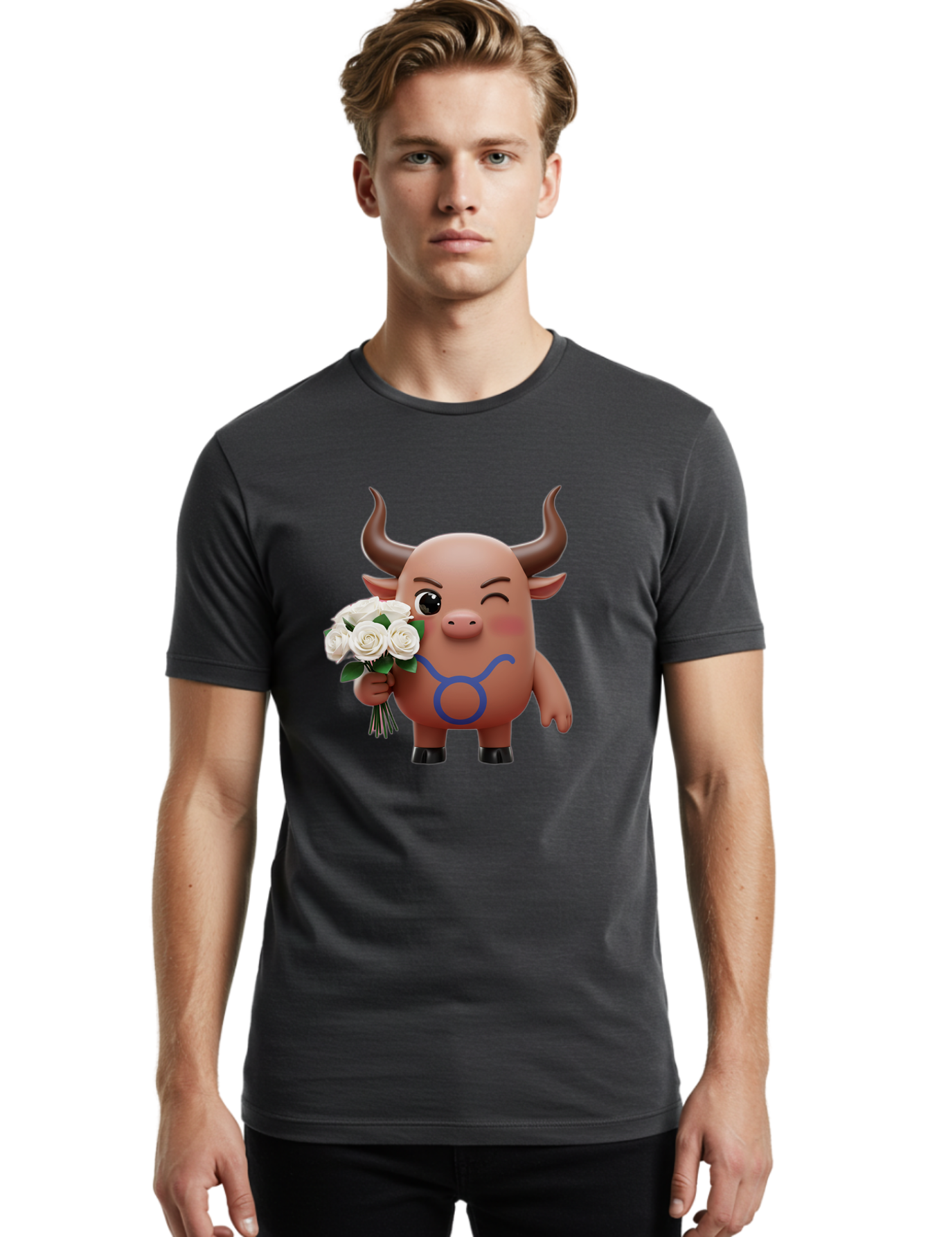 Taurus Men'S Graphic Tee, 100% Cotton, Comfortable Casual Summer Wear, Machine Washable, Taurus Zodiac Symbol, Cartoon Bull Character, Holding White Roses, Symbol Of Love, Astrological Sign, Bull Emoji, Cute Illustration, Zodiac Sign, Bae306 20