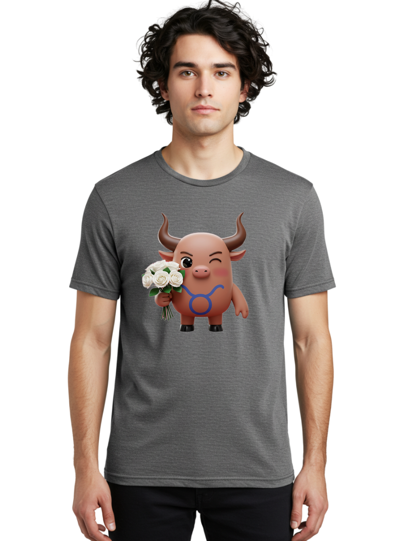 Taurus Men'S Graphic Tee, 100% Cotton, Comfortable Casual Summer Wear, Machine Washable, Taurus Zodiac Symbol, Cartoon Bull Character, Holding White Roses, Symbol Of Love, Astrological Sign, Bull Emoji, Cute Illustration, Zodiac Sign, Bae306 22