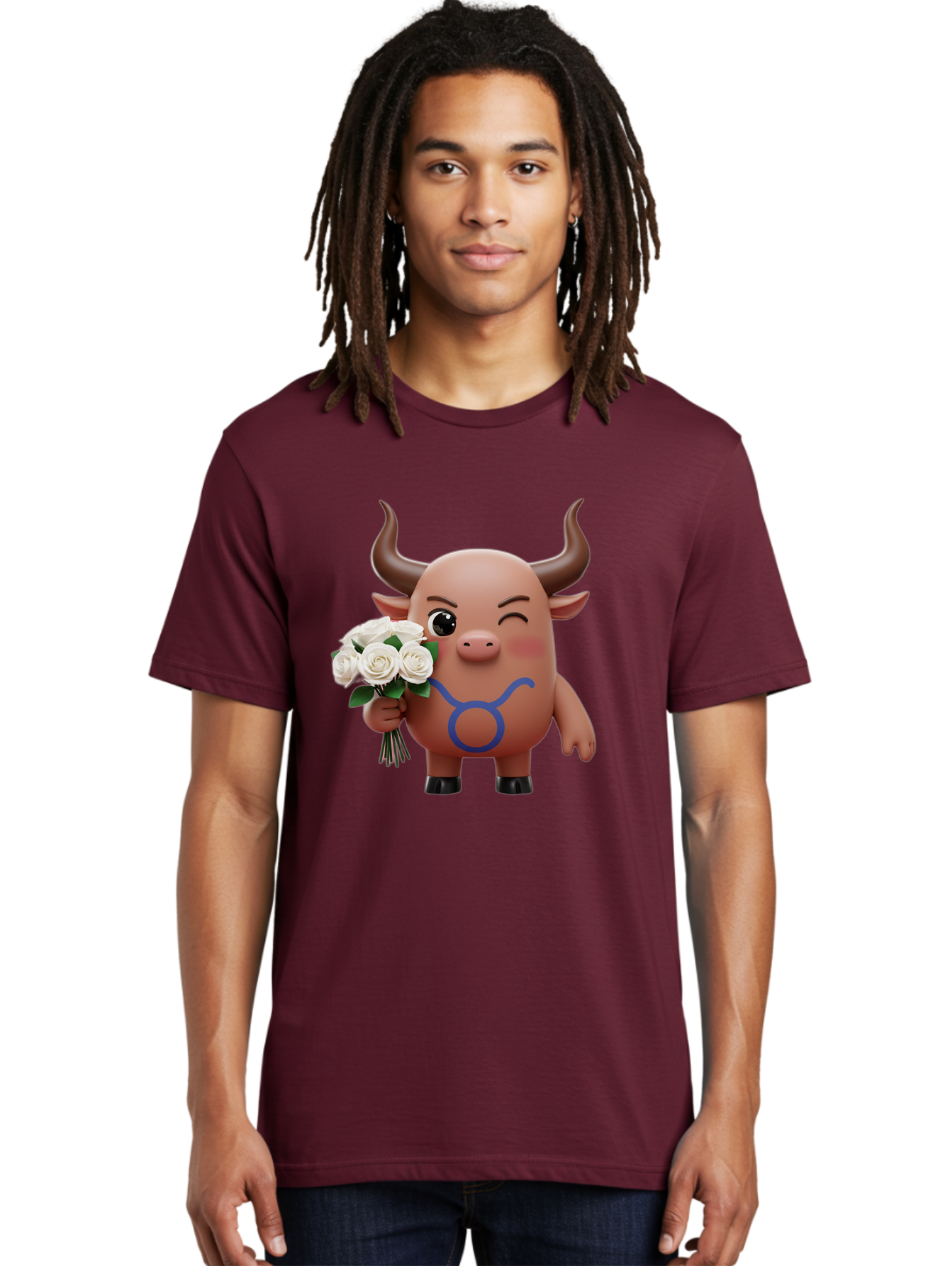 Taurus Men'S Graphic Tee, 100% Cotton, Comfortable Casual Summer Wear, Machine Washable, Taurus Zodiac Symbol, Cartoon Bull Character, Holding White Roses, Symbol Of Love, Astrological Sign, Bull Emoji, Cute Illustration, Zodiac Sign, Bae306 30