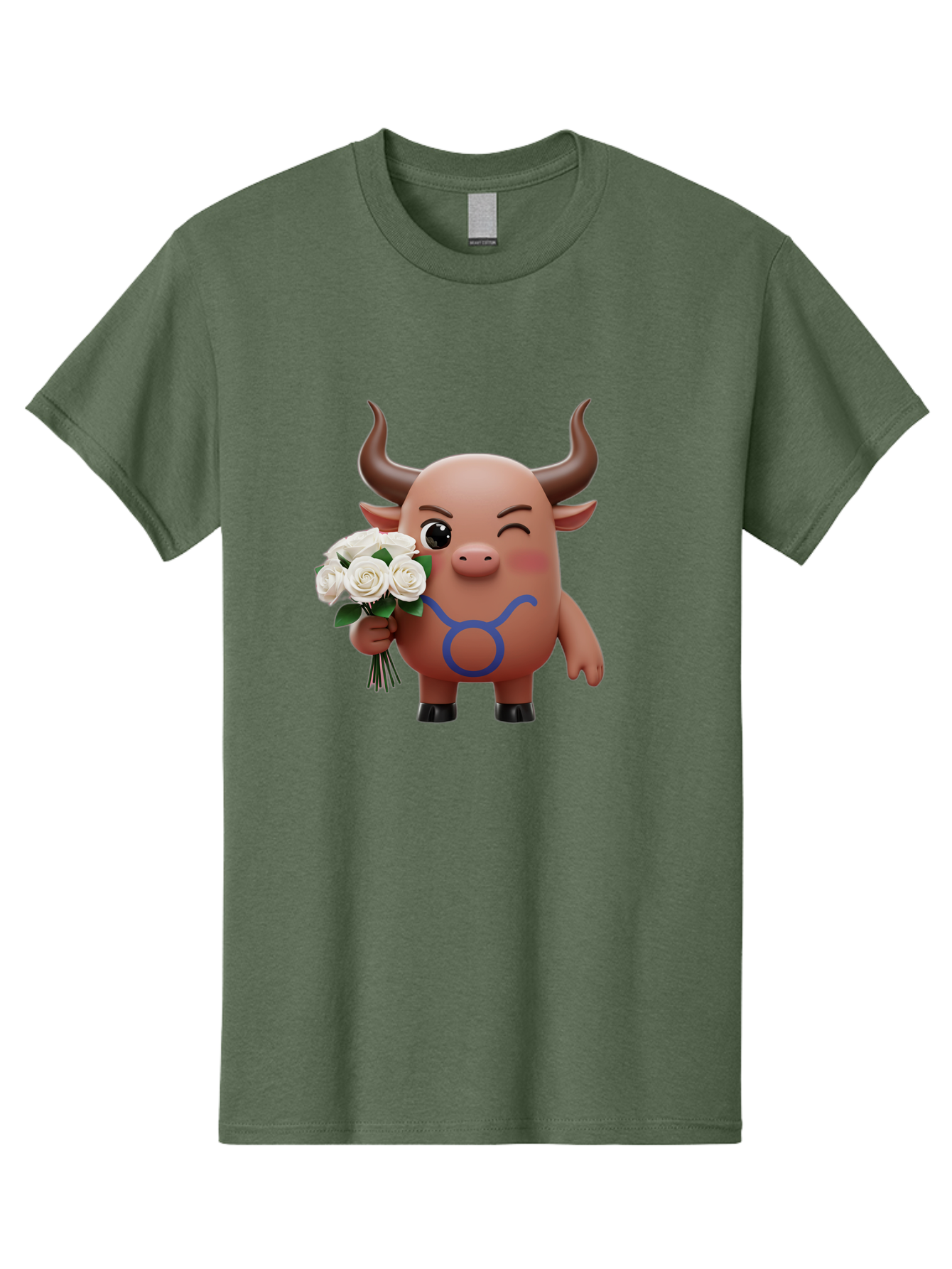 Taurus Men'S Graphic Tee, 100% Cotton, Comfortable Casual Summer Wear, Machine Washable, Taurus Zodiac Symbol, Cartoon Bull Character, Holding White Roses, Symbol Of Love, Astrological Sign, Bull Emoji, Cute Illustration, Zodiac Sign, Bae306 6