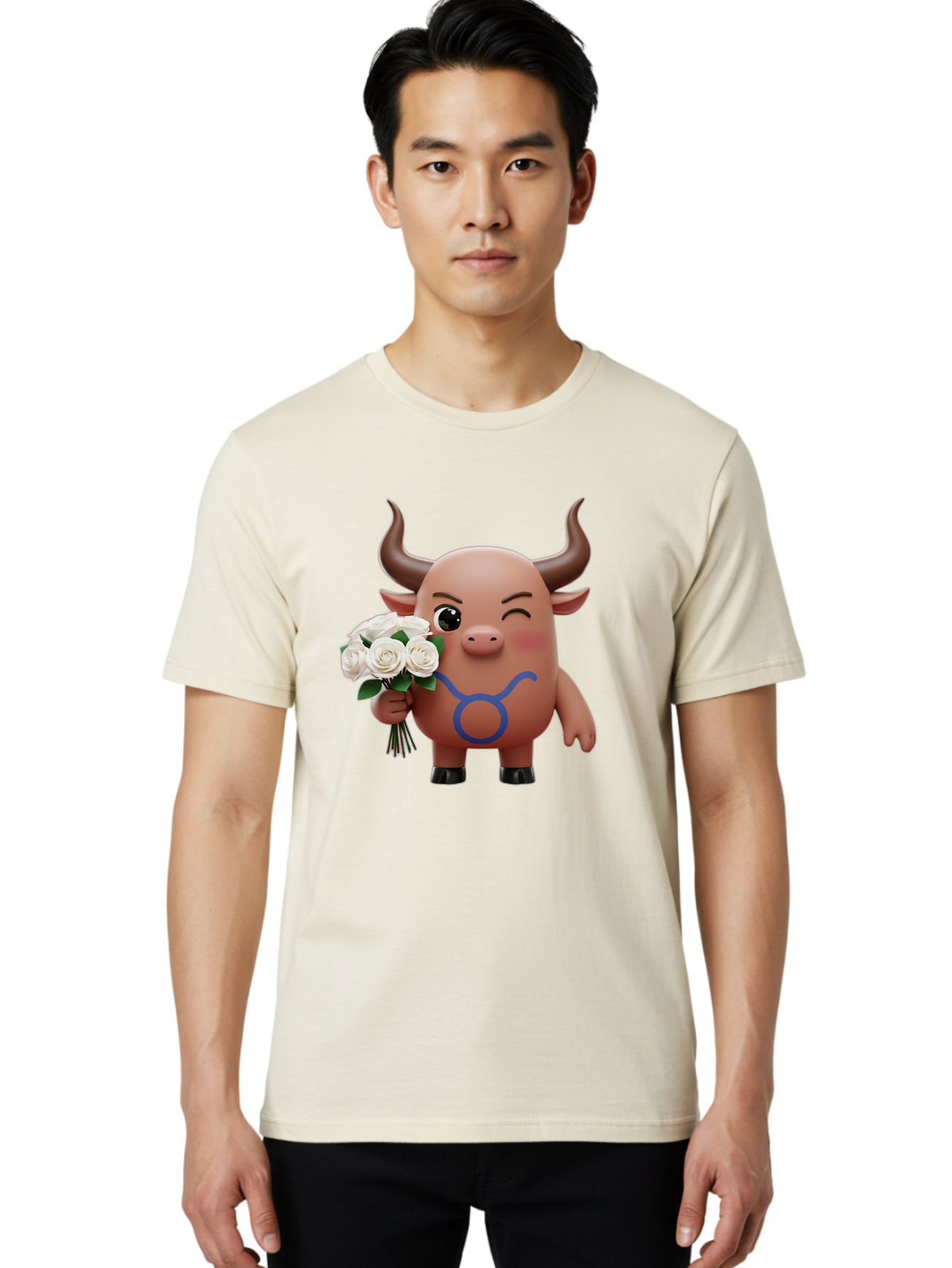 Taurus Men'S Graphic Tee, 100% Cotton, Comfortable Casual Summer Wear, Machine Washable, Taurus Zodiac Symbol, Cartoon Bull Character, Holding White Roses, Symbol Of Love, Astrological Sign, Bull Emoji, Cute Illustration, Zodiac Sign, Bae306 27